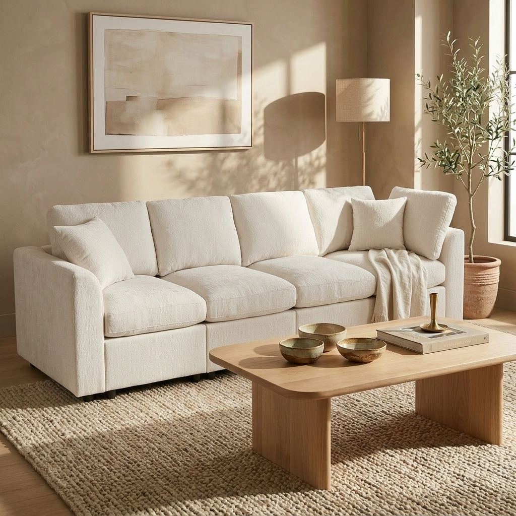 Beige Chenille Modular Sectional Couch, Deep Seat, 130.3 in Wide