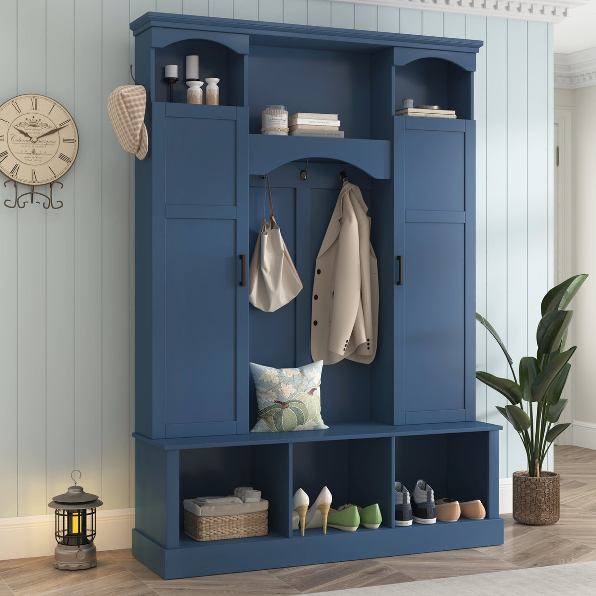 Blue Hall Tree with Bench, 55.1 in Wide