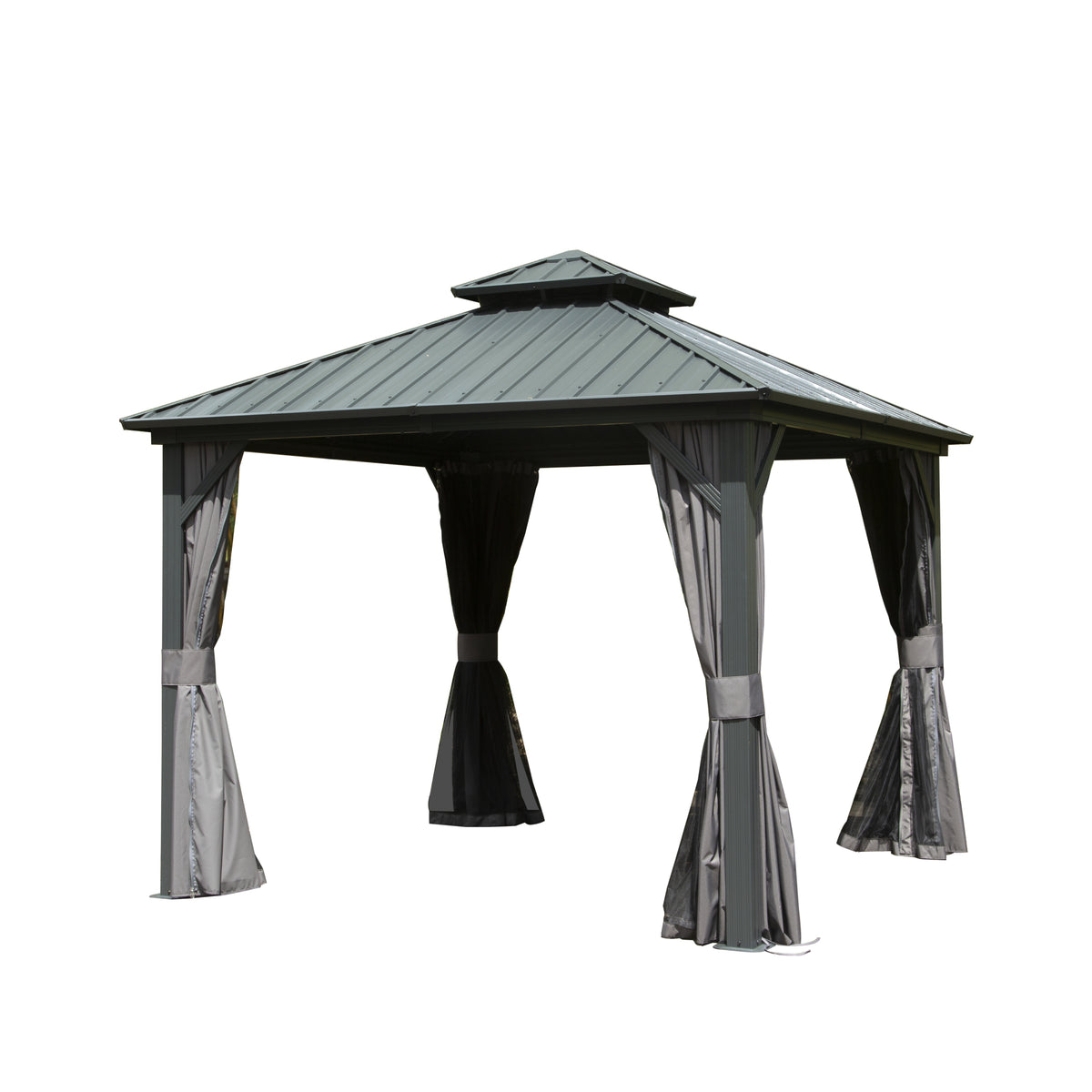 10x10 ft Gray Aluminum Double Roof Hardtop Gazebo with Netting and Curtains