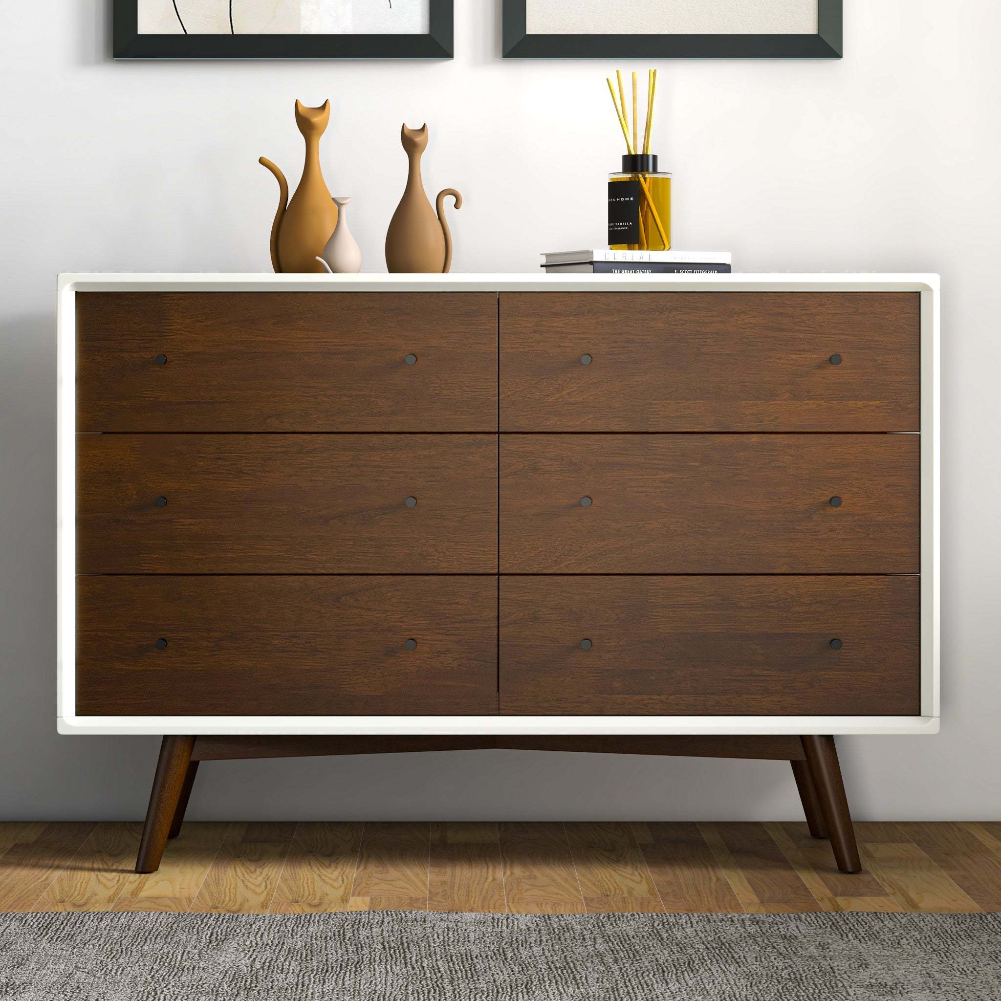 Solid Wood Double Dresser, 6 Drawers in White and Brown
