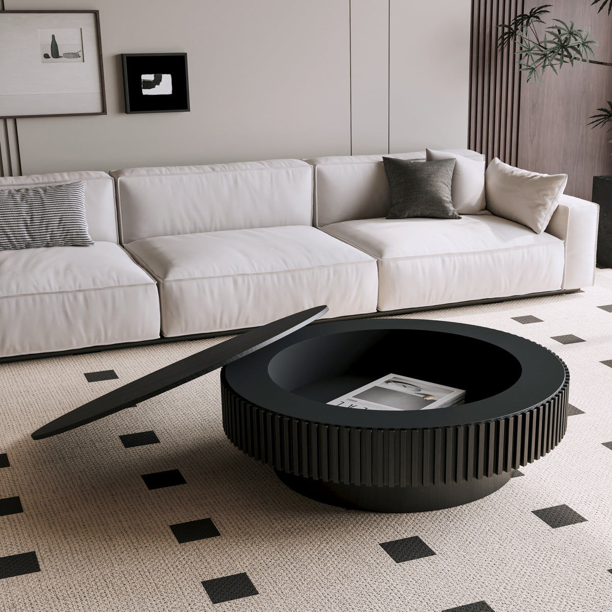 Black Round Coffee Table with Storage, 39.4 in