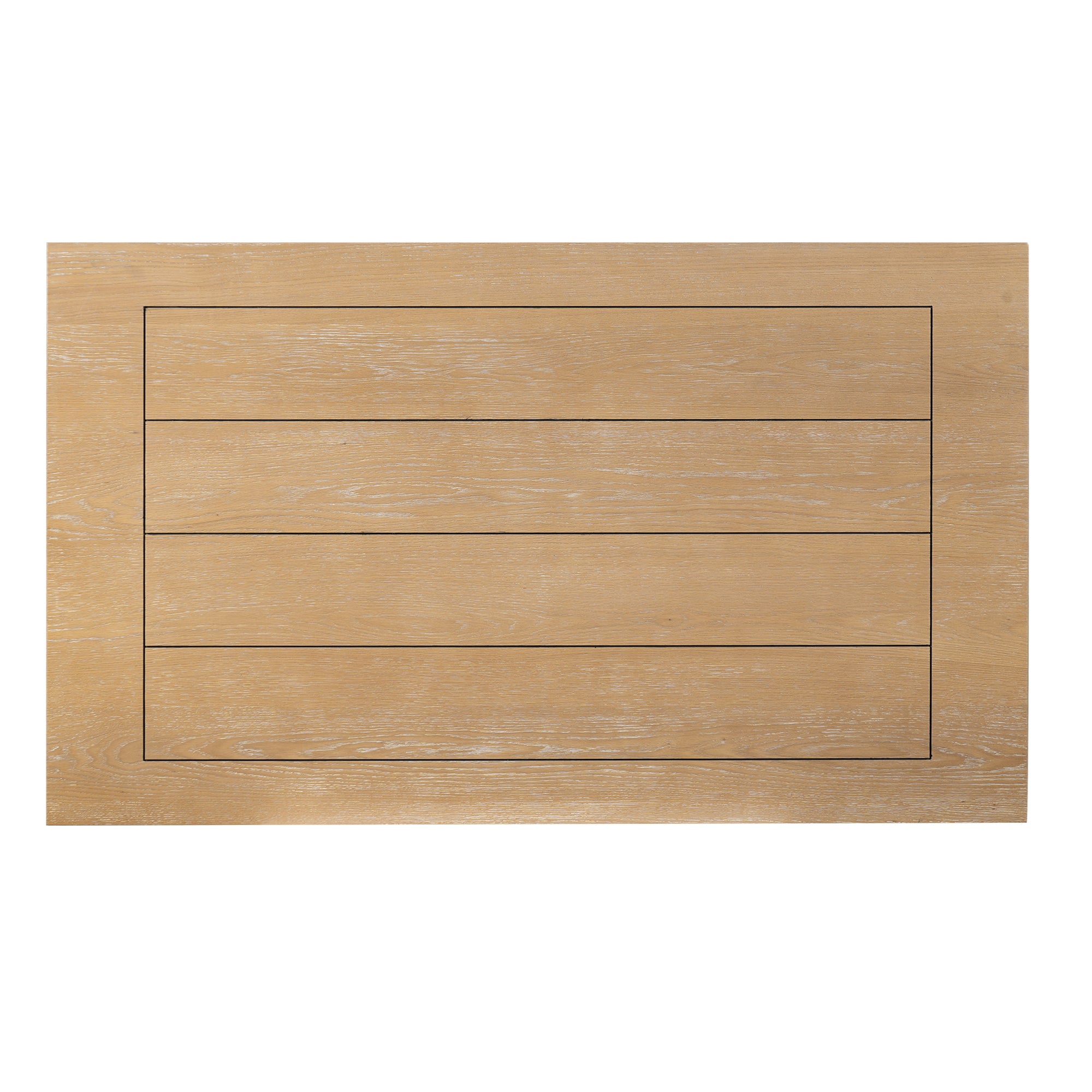 Overhead view of the farmhouse table showing the plank-inset natural wood wash tabletop