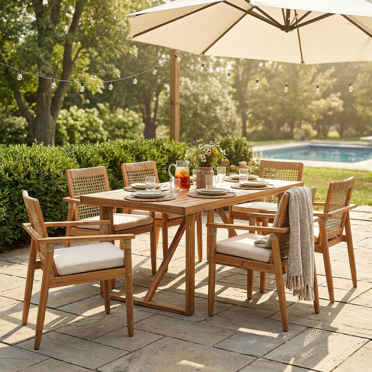 Teak Finish Solid Wood 7-Piece Patio Dining Set for 6 with Beige Cushions