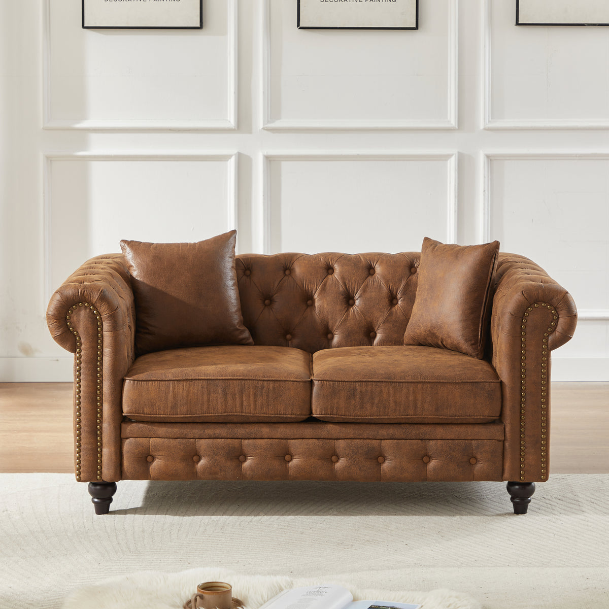 Brown 2-Seat Chesterfield Sofa, 63.5 in Wide