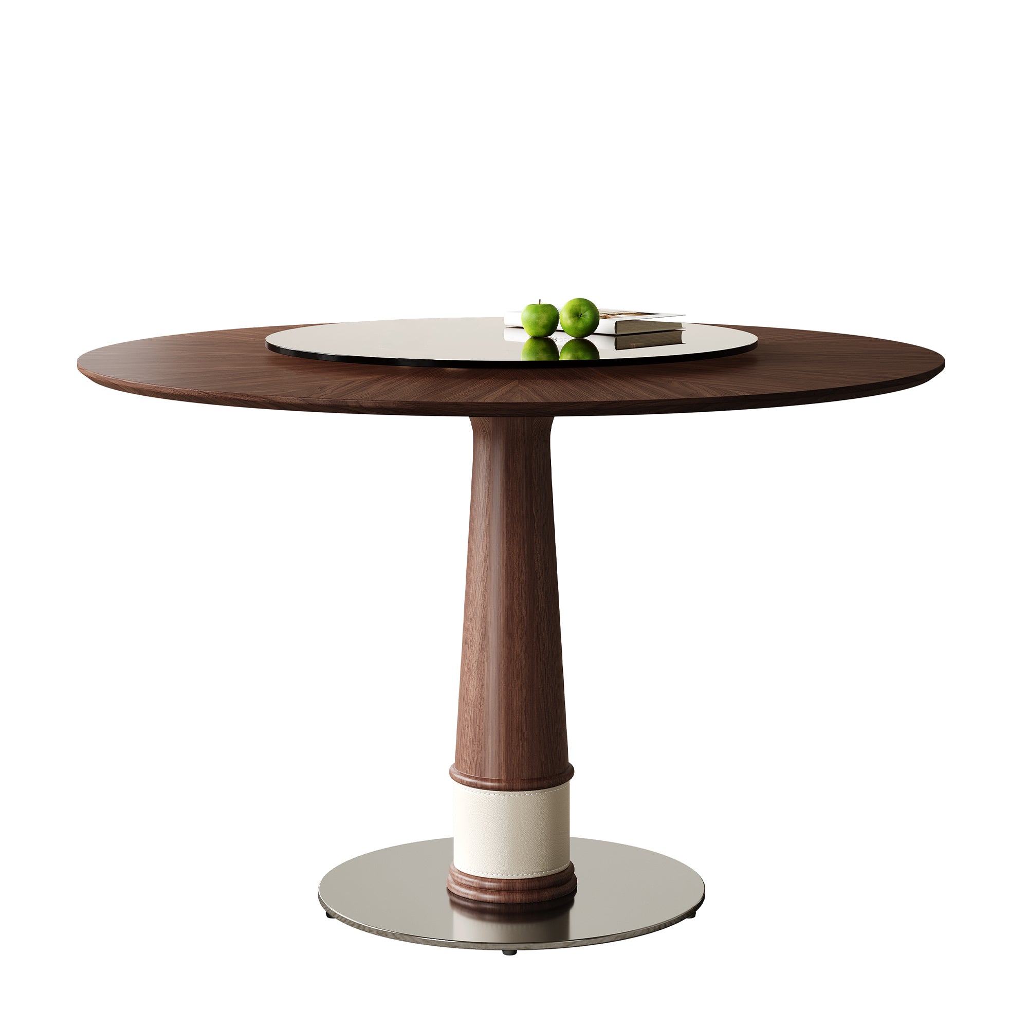 Walnut round dining table with glass turntable and column base on a plain white background, three-quarter view