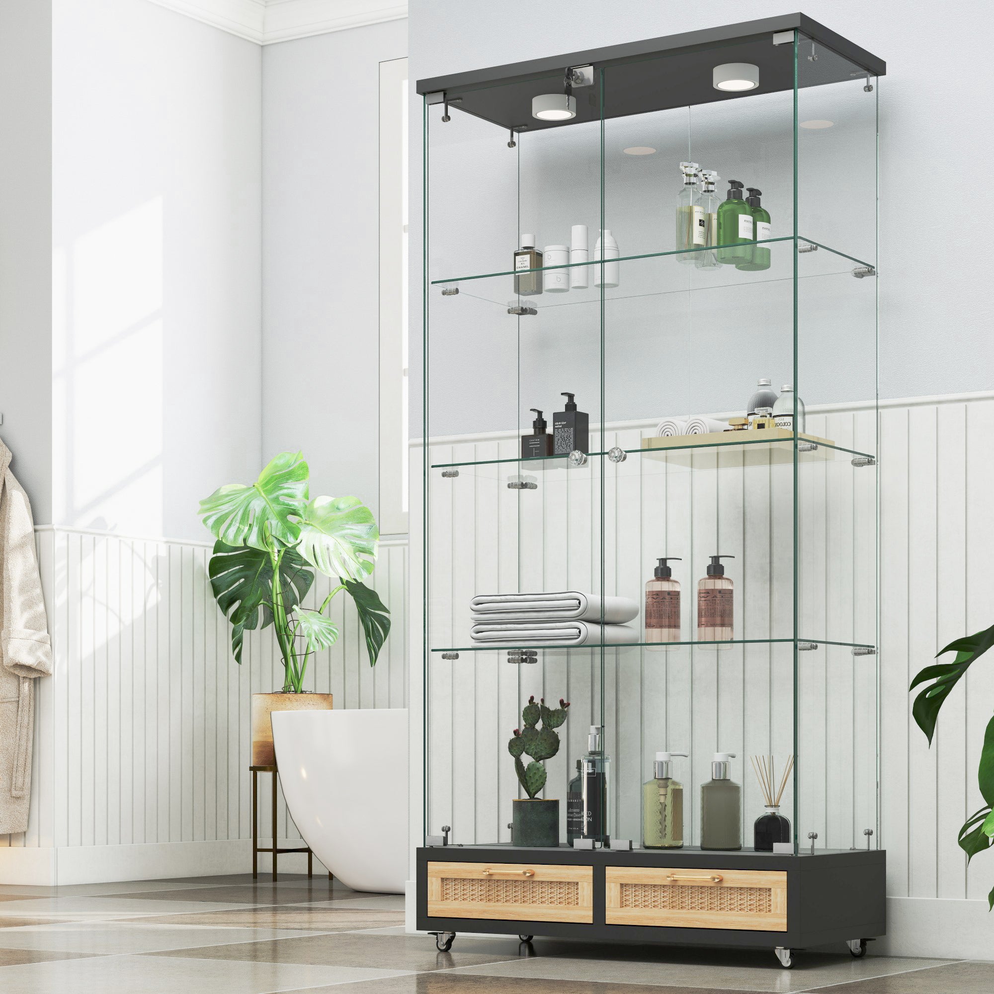 Modern Bookcase with Doors and Lock, 32.1 in, Natural