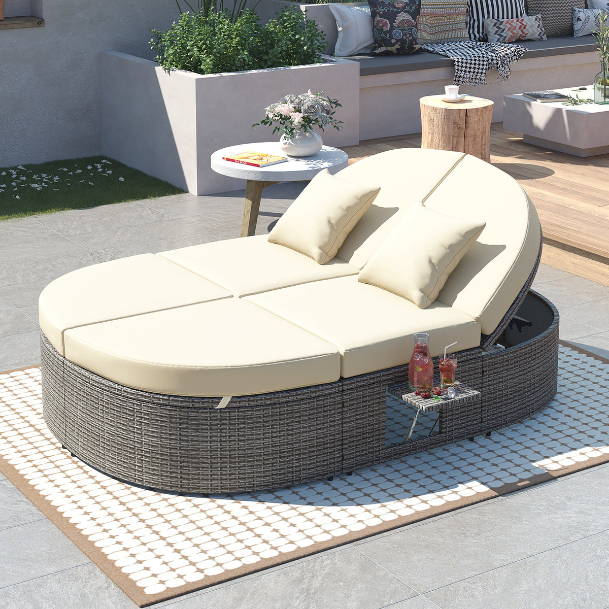 Gray Wicker Adjustable Outdoor Double Chaise Lounge with Cushions