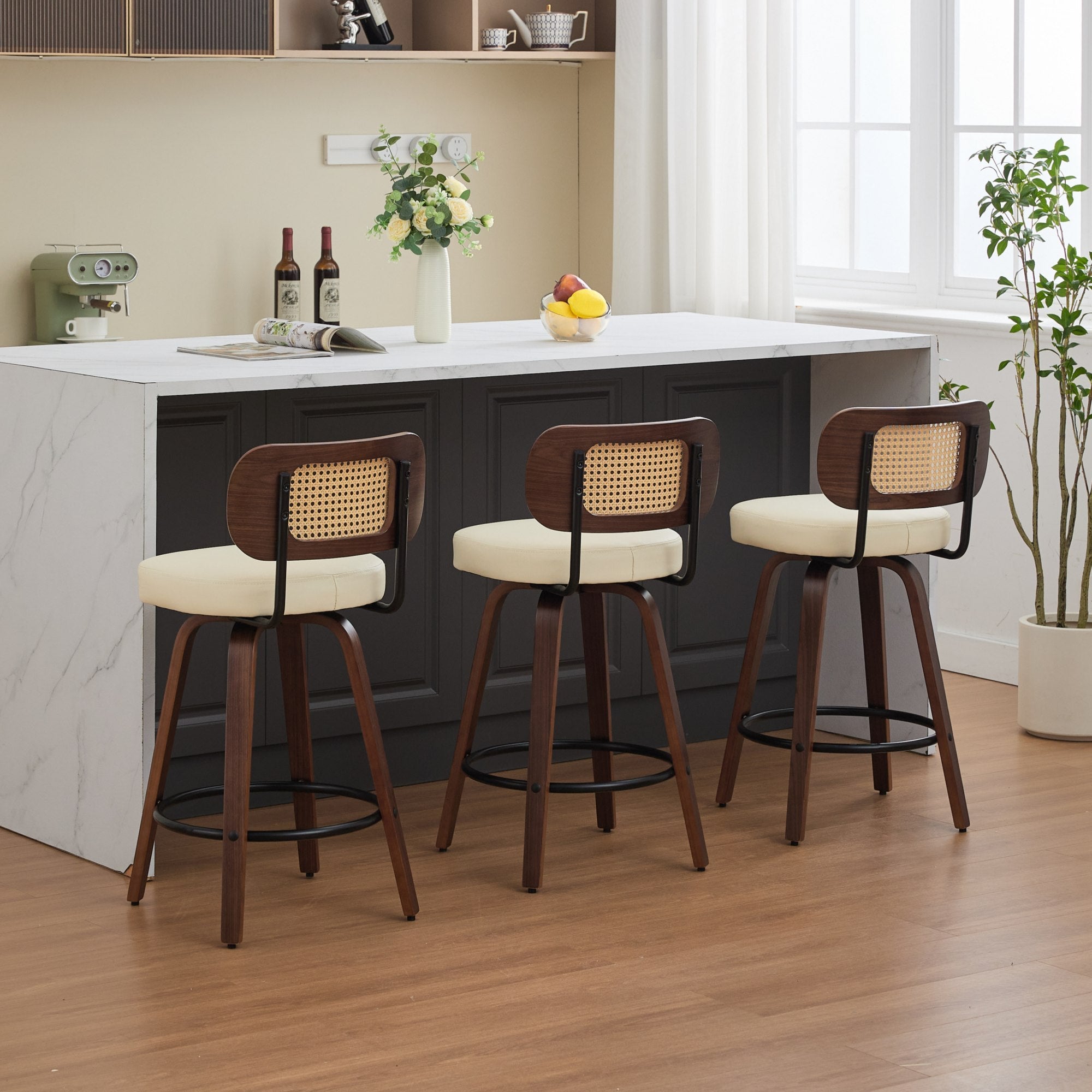 Counter Stool Set of 3, Swivel Cane Back, Walnut and Beige