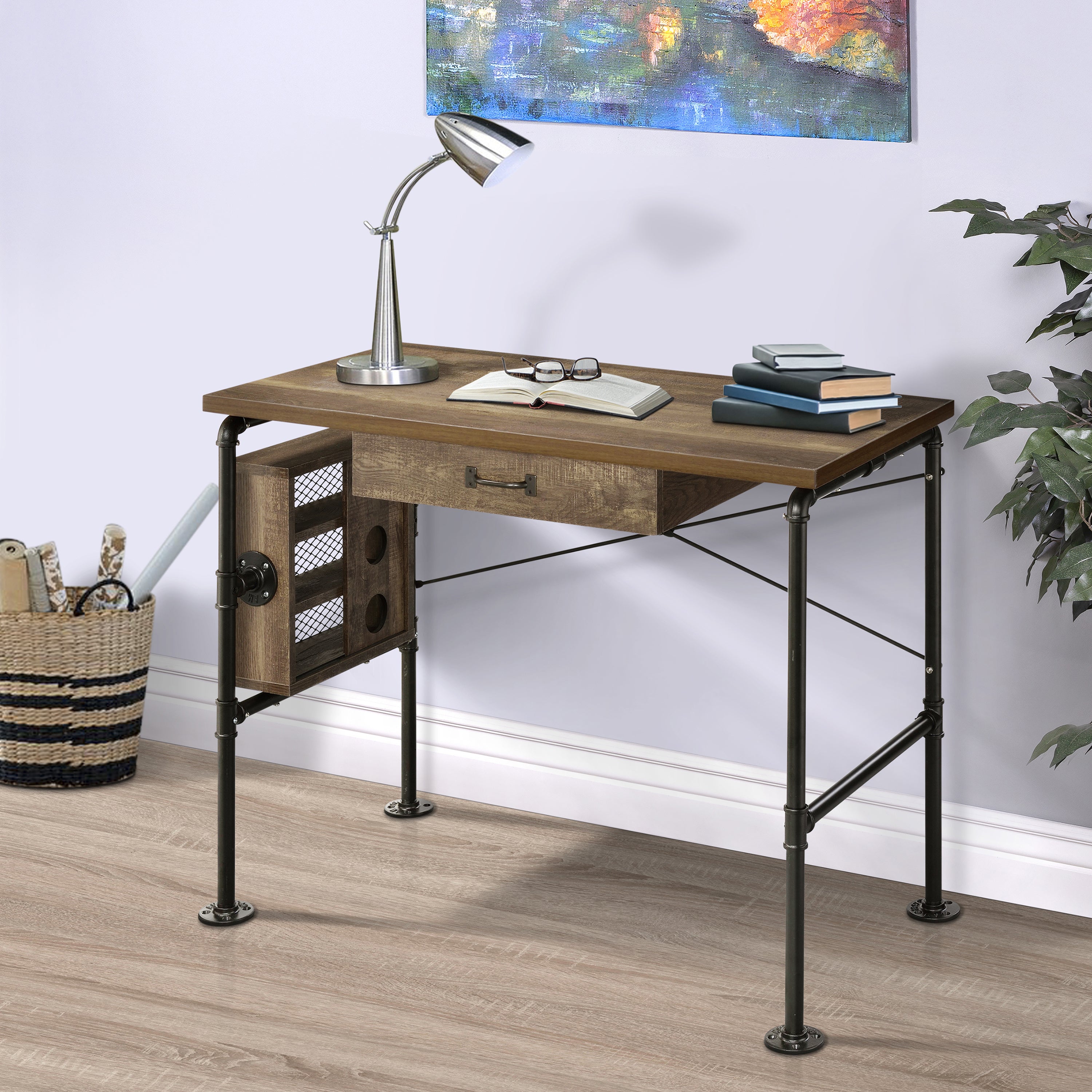 Writing Desk with Keyboard Tray and Drawers, 39.5 in, Oak