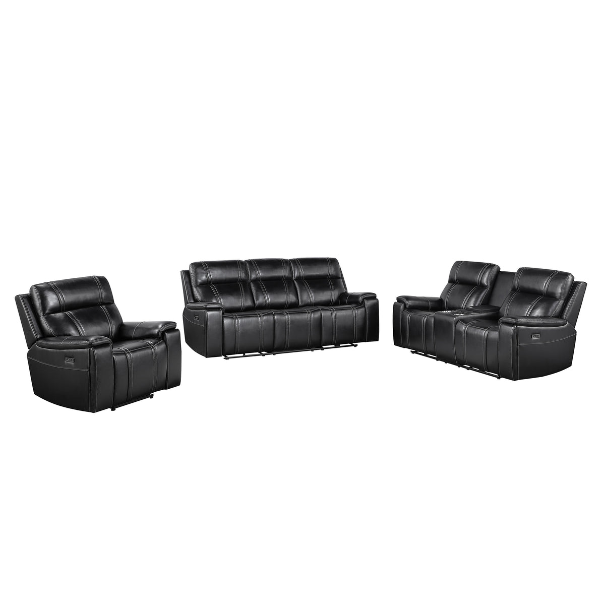 Black Power 3-Piece Reclining Living Room Set with Console, Leather