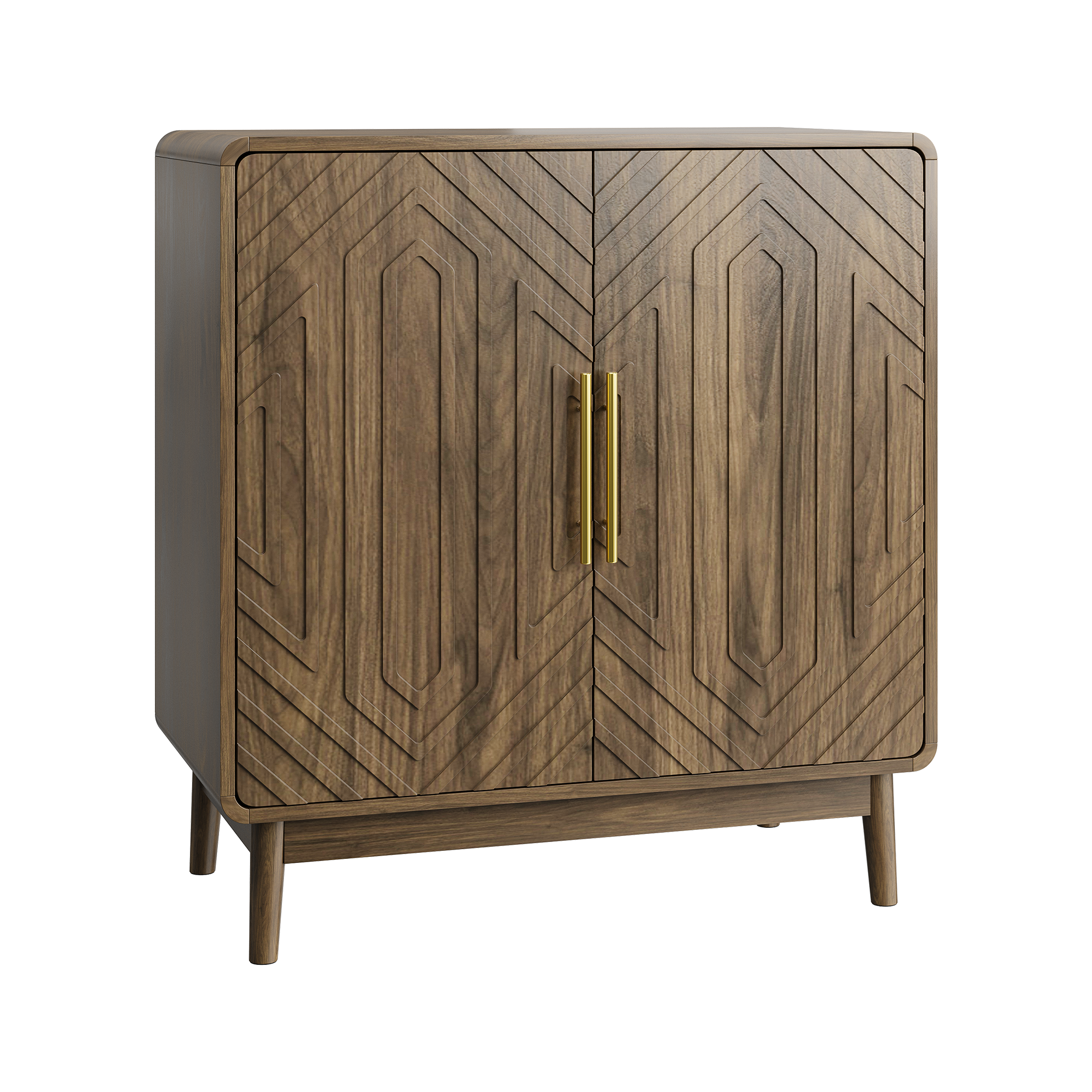 Modern Walnut Sideboard Buffet Cabinet, 2 Carved Doors, 31.5 in