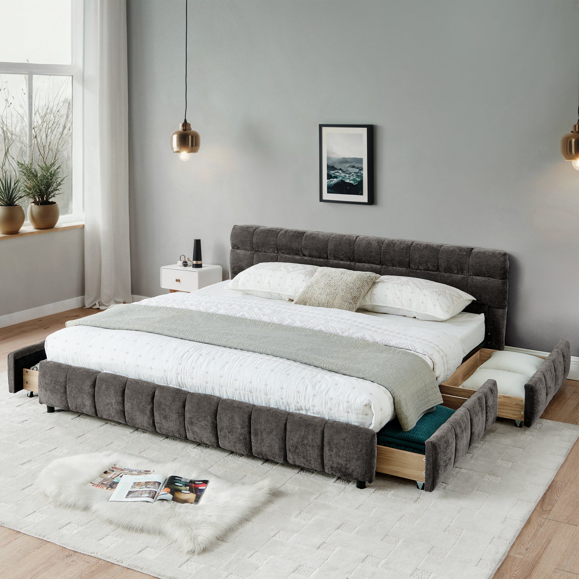 California King chenille bed frame in gray bedroom with white nightstand