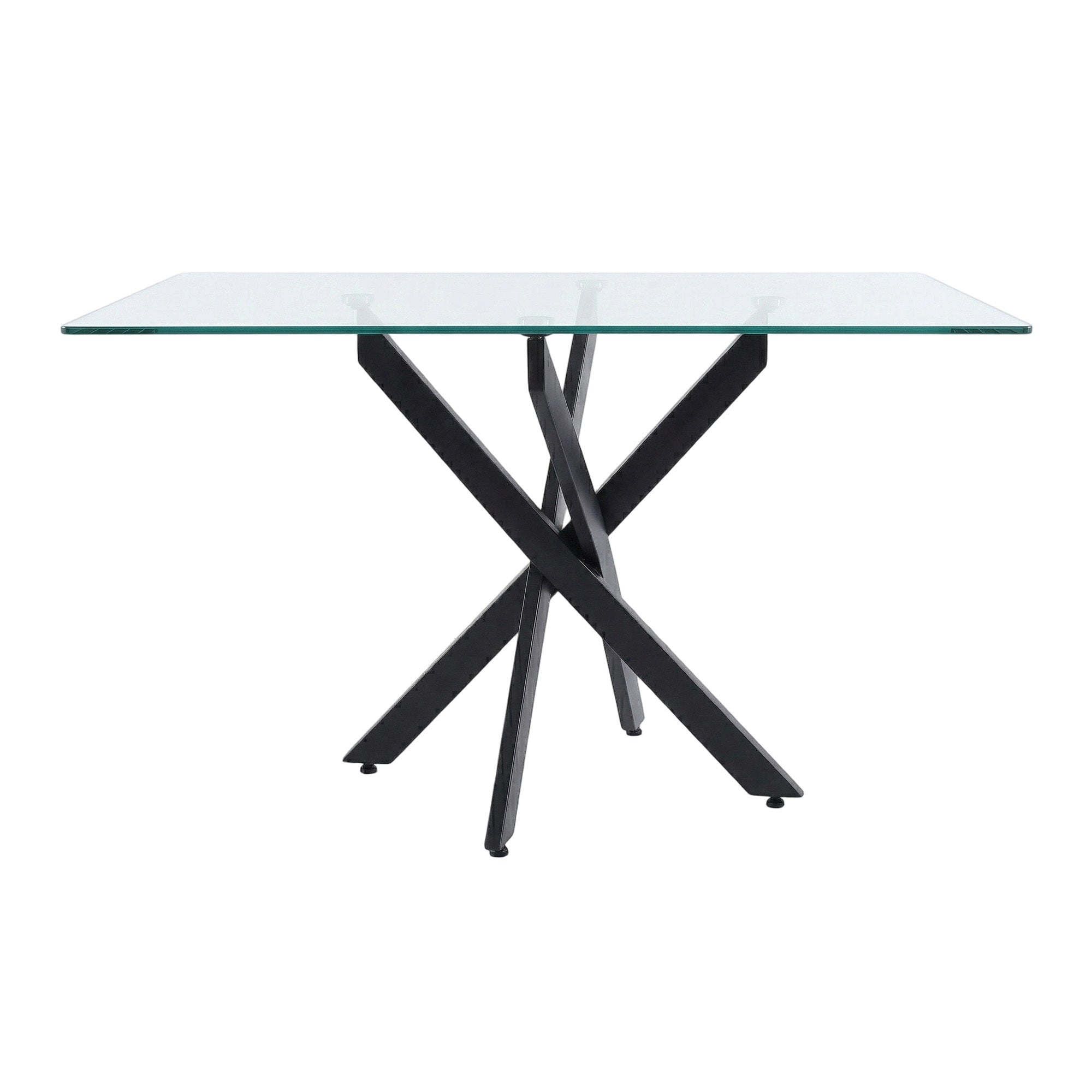 Front view of the rectangular glass dining table with black crossed legs on a white background