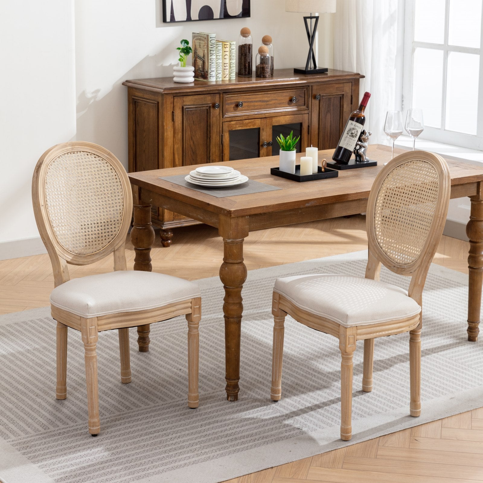French Rattan-Back Dining Chairs Set of 2, Cream Linen Seat