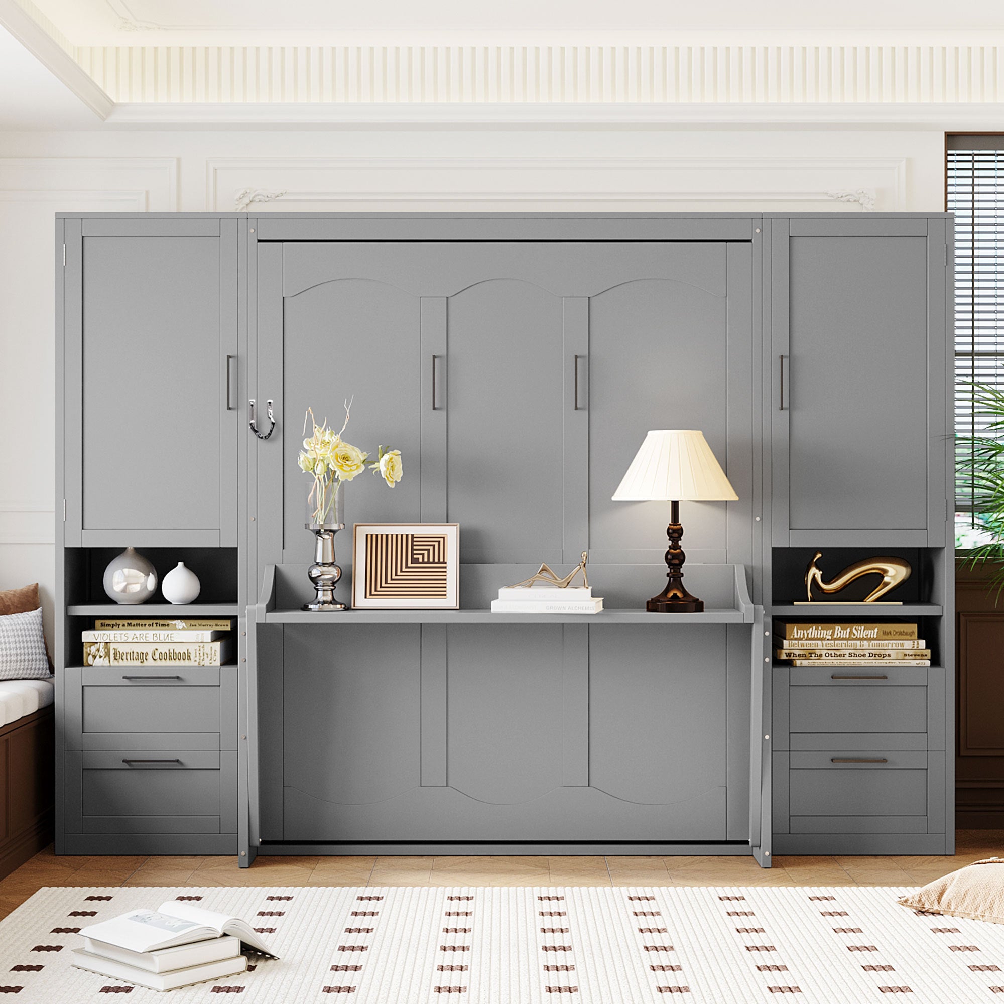 Queen Murphy Bed with Closet, Drawers & Shelves, Gray