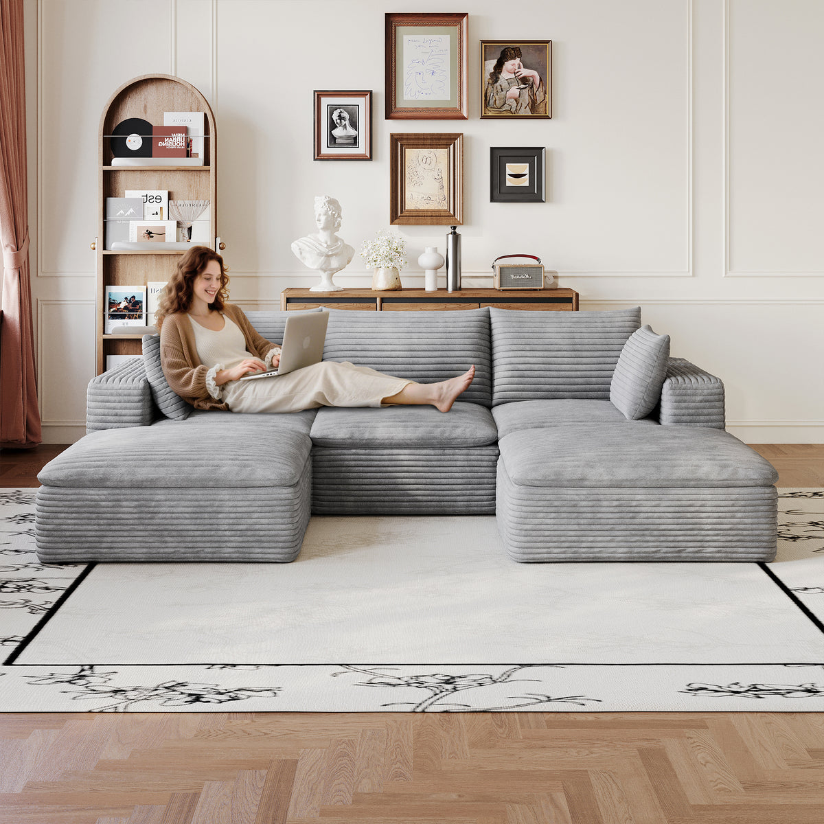 Gray Corduroy Modular 5-Seat Couch, No Assembly