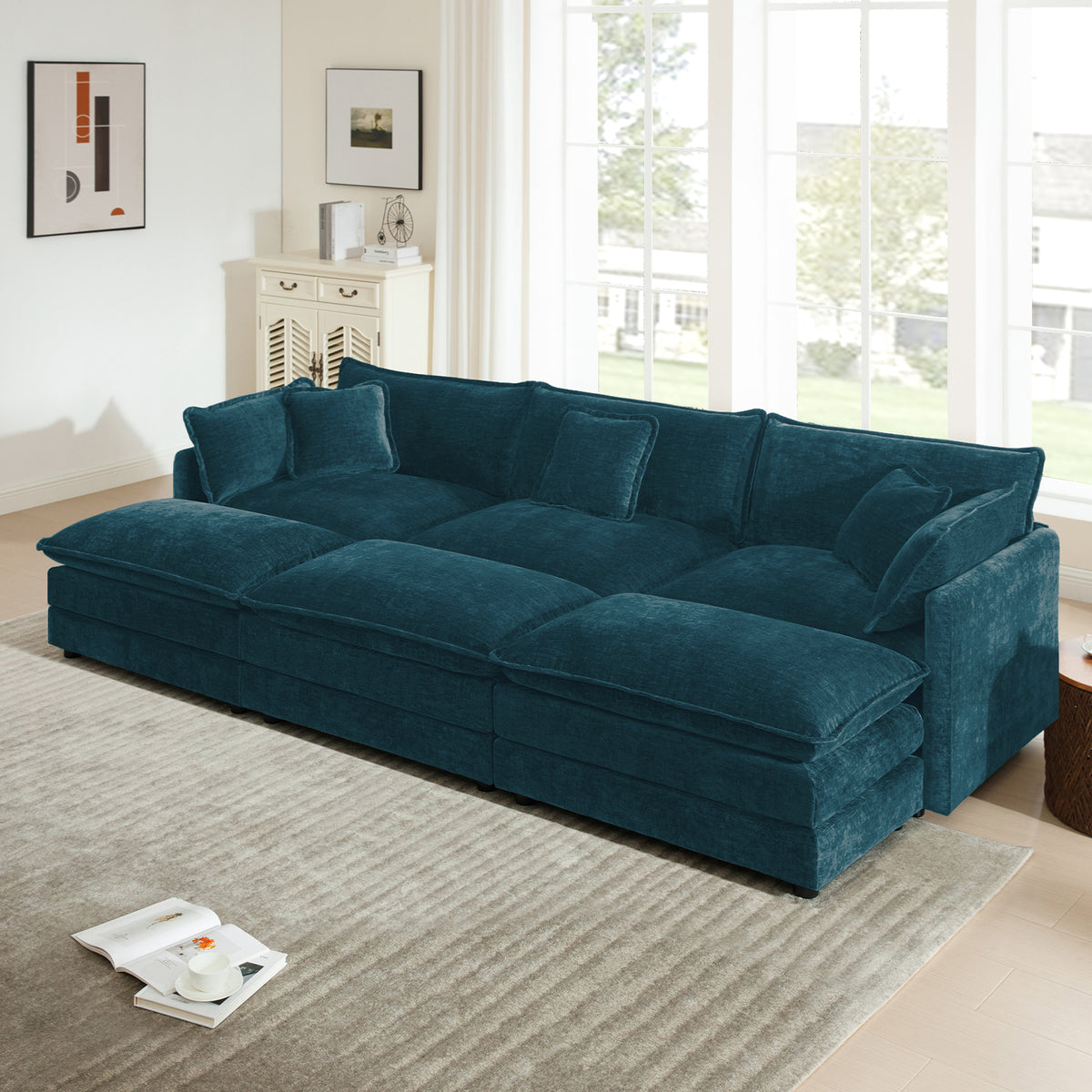 Blue Chenille Modular Sectional with 3 Ottomans