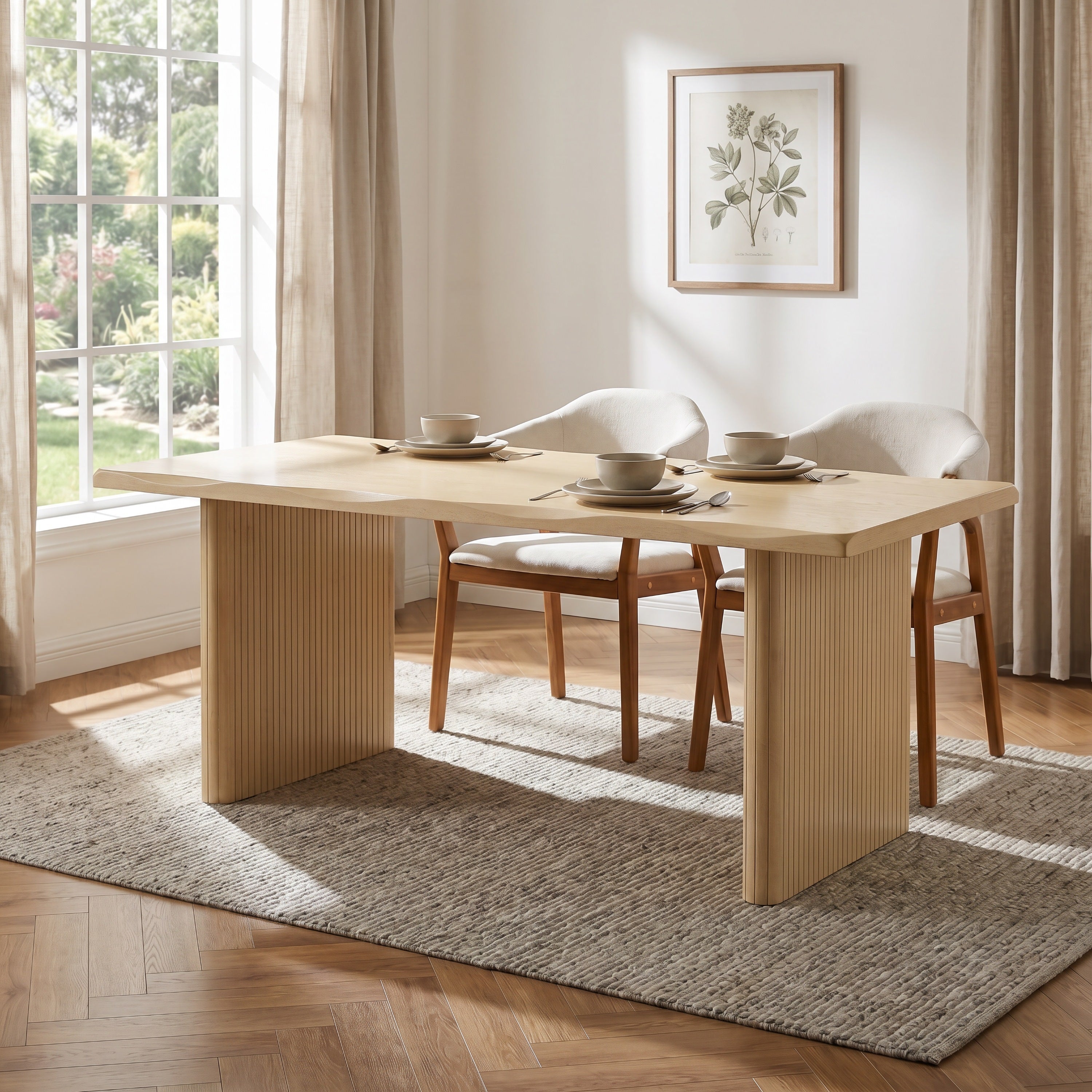 Natural oak scalloped-edge dining table set with bowls in a sunlit dining room