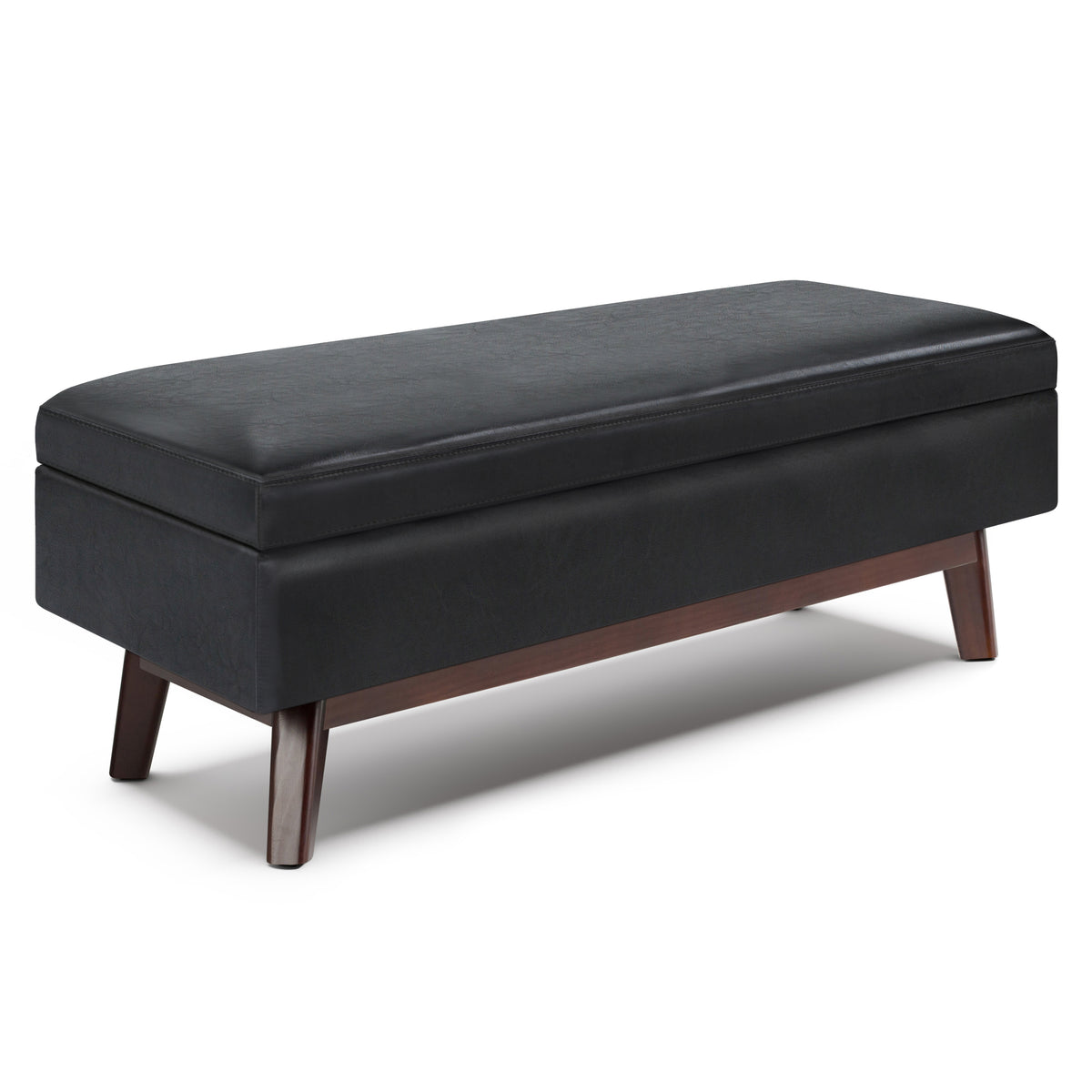 Black Vegan Leather Rectangular Storage Ottoman, 48 in