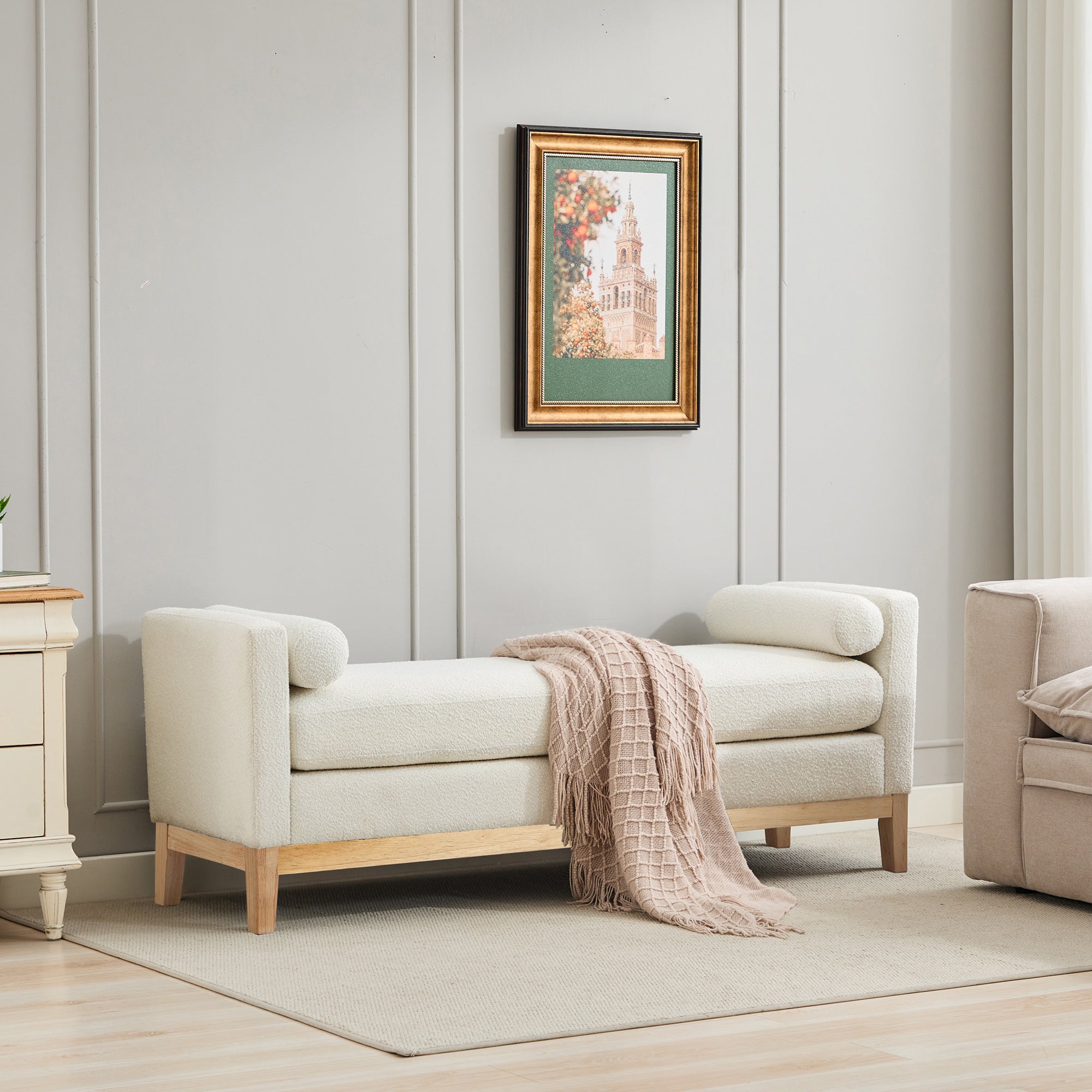 Upholstered Bench, Ivory Boucle, Bolster Arms, Wood Legs