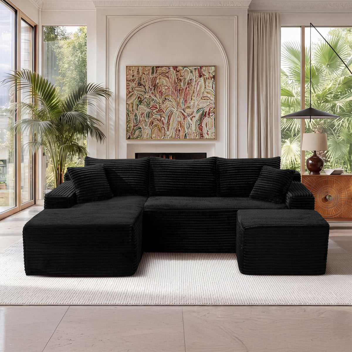 Black Corduroy U-Shaped Modular Sectional, 106.3 in Wide, Left-Facing