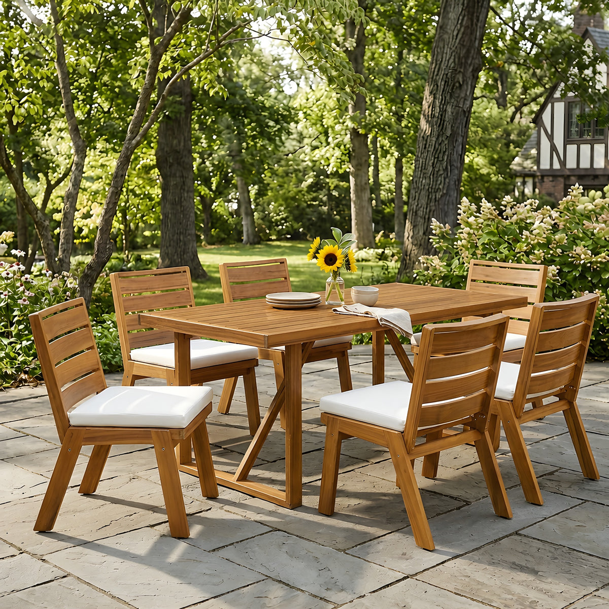 Teak Finish Solid Wood 7-Piece Patio Dining Set for 6 with Beige Cushions