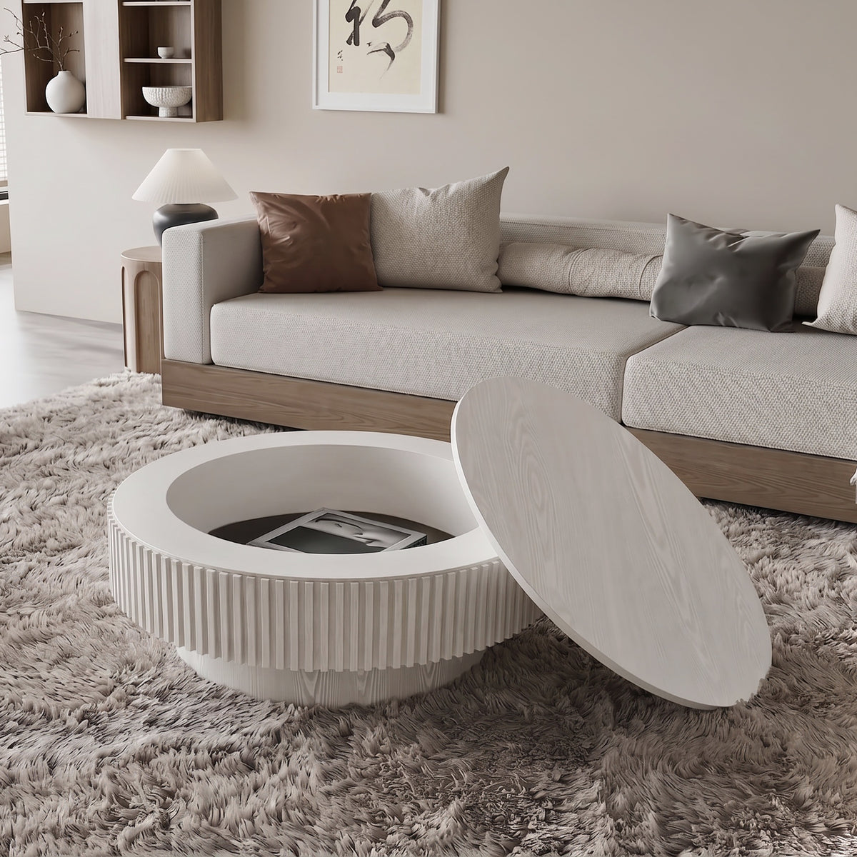 White Round Coffee Table with Storage, 31.5 in, 14 in Tall