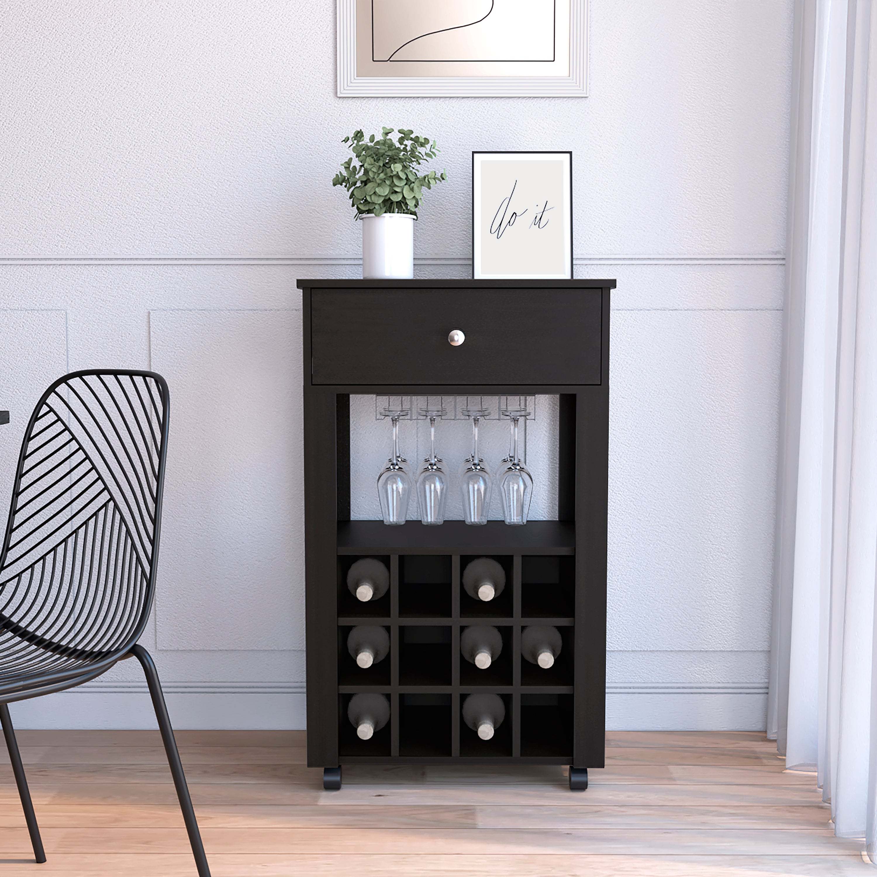 Rolling Wine Rack Cabinet, Black 12-Bottle Bar Cart with Drawer