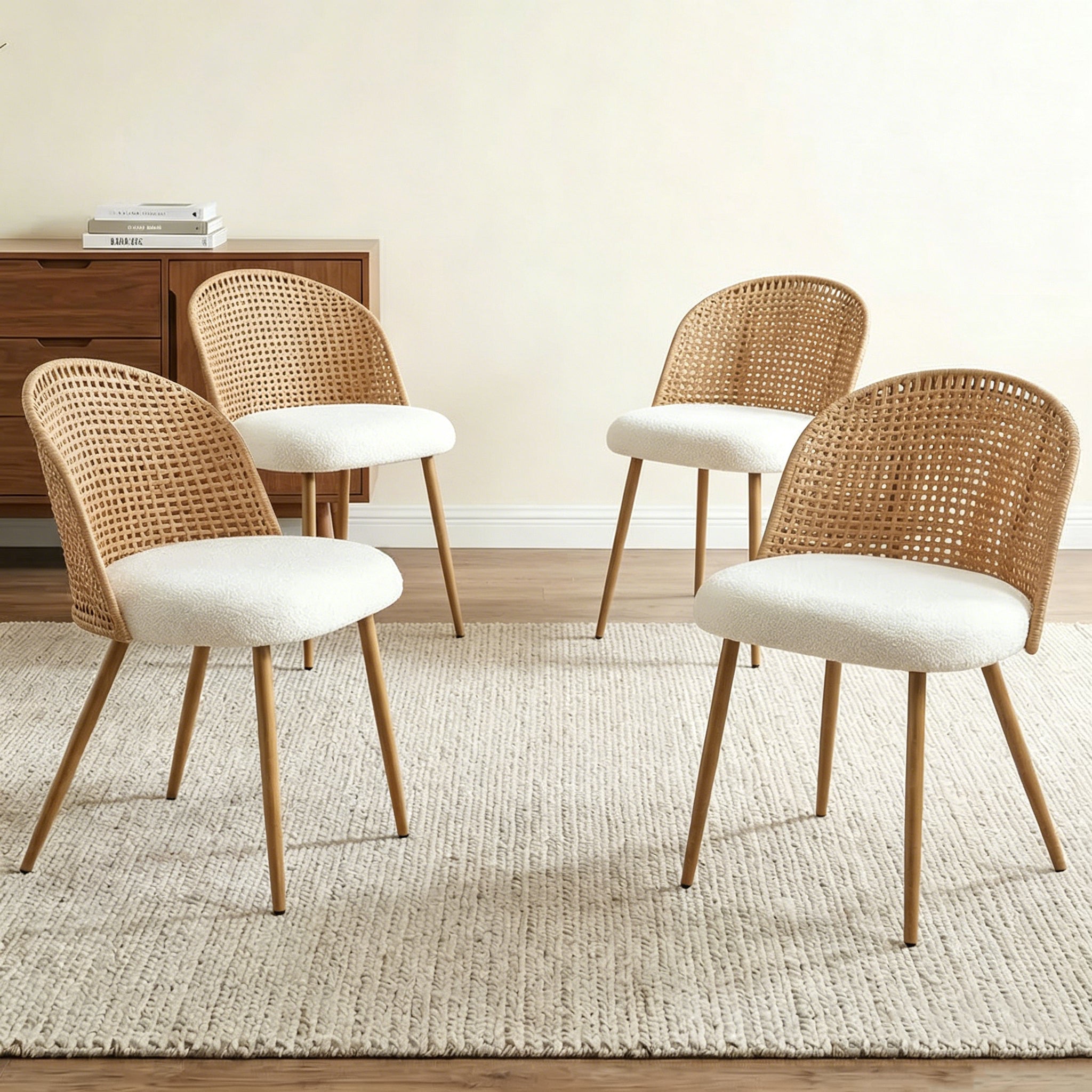 Woven Rattan-Look Dining Chairs Set of 4, Cream Boucle Seat