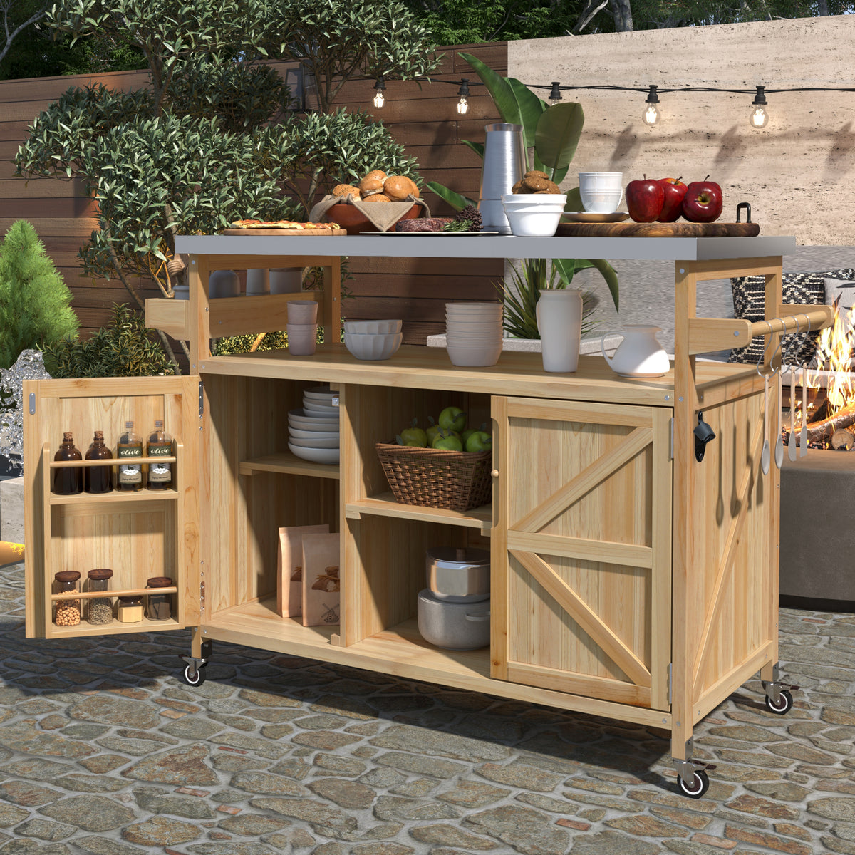 Natural Solid Wood Outdoor Kitchen Island with Wheels, 36.3 in Tall