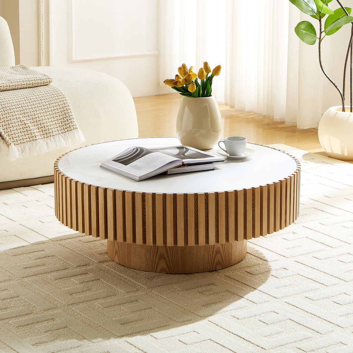 Oak Sintered Stone Round Coffee Table, 35.4 in