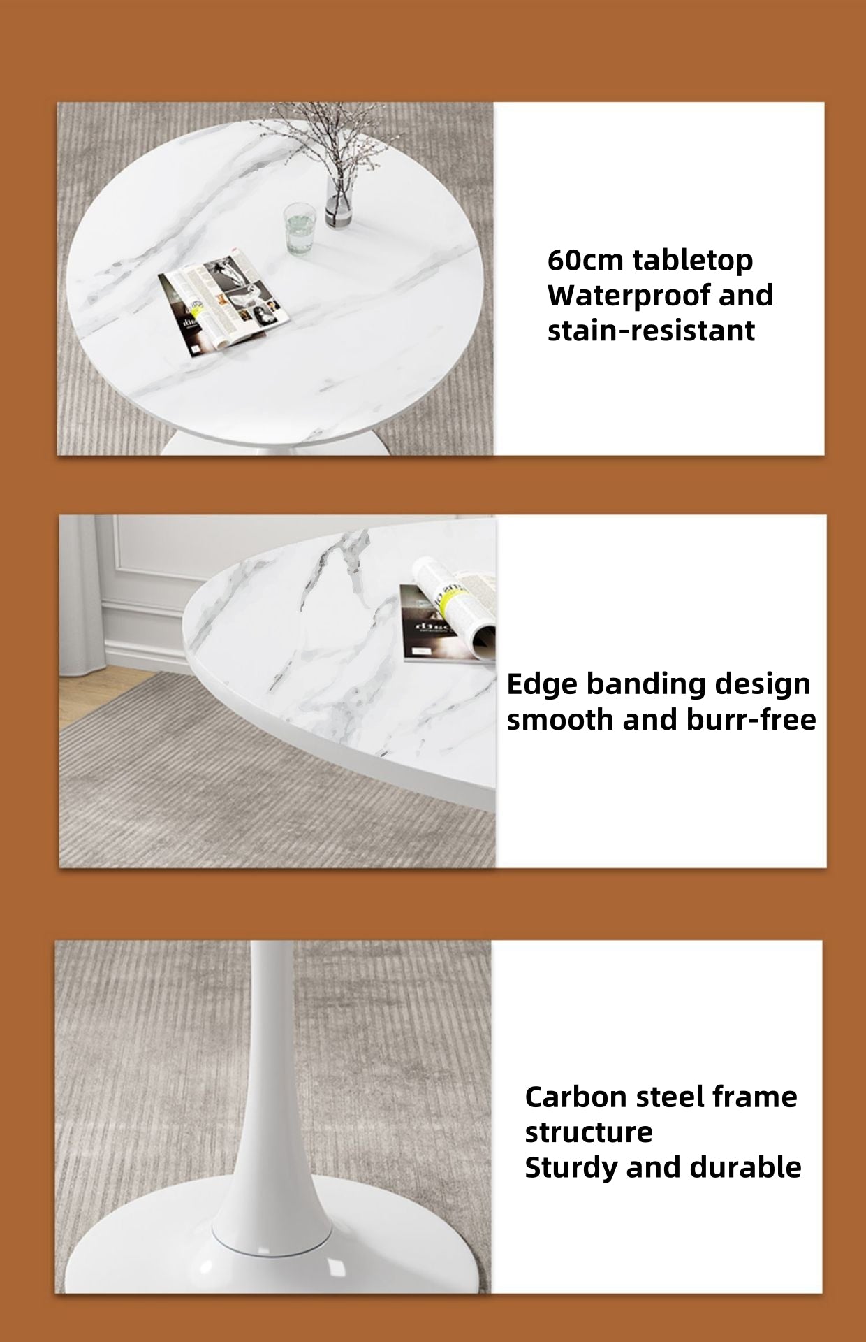 Feature graphic for the white marble tulip bistro table noting 60cm top, edge banding and carbon steel frame