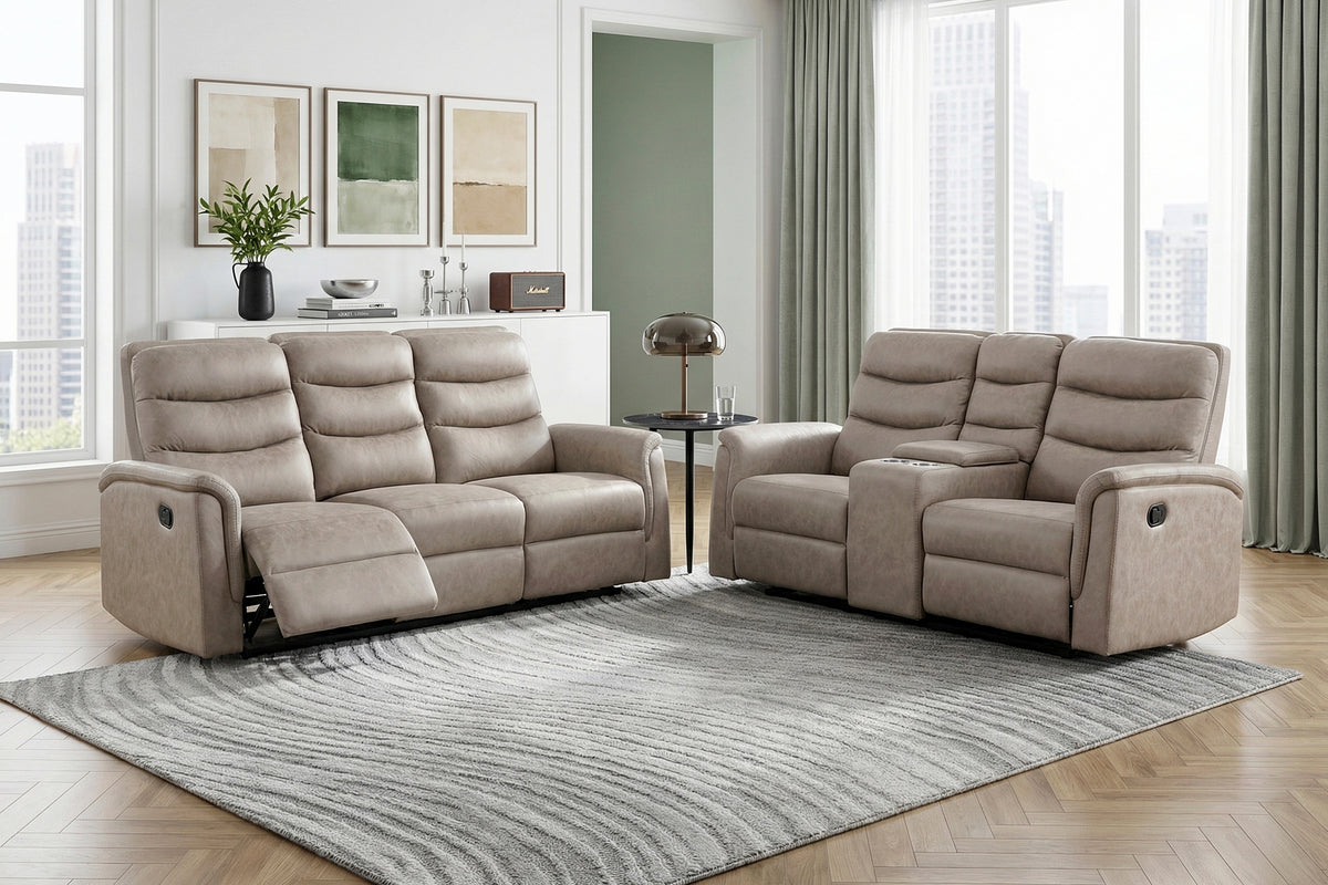 Taupe Microfiber Reclining Sofa and Loveseat Set with Console