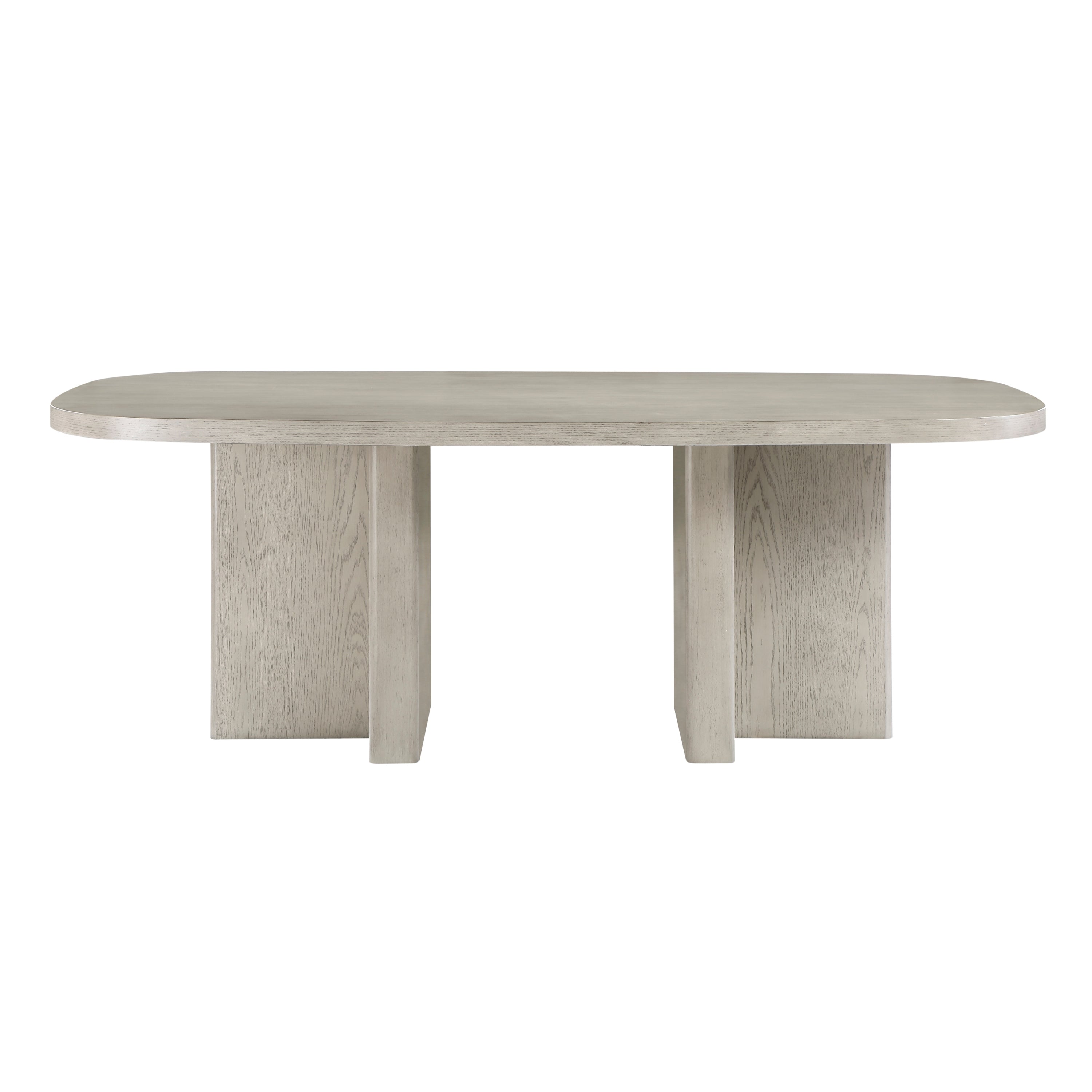 Oval Dining Table for 6, Light Gray Wood, Double-Pedestal Base