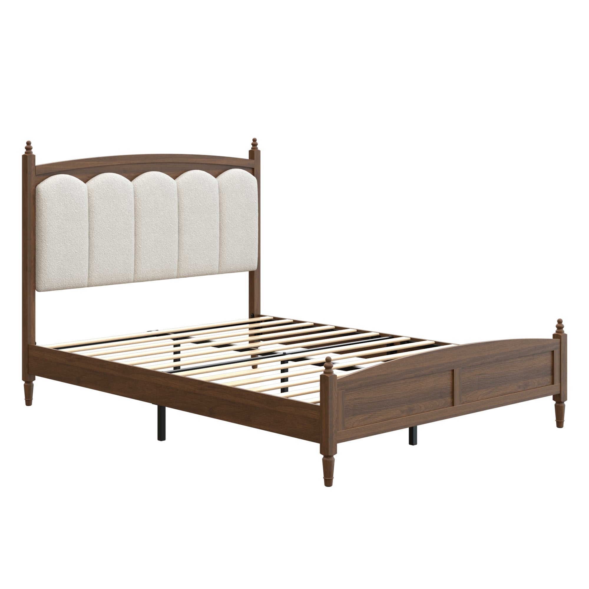 Bare brown wood queen bed frame showing wood slats, turned posts and cream padded headboard on black legs