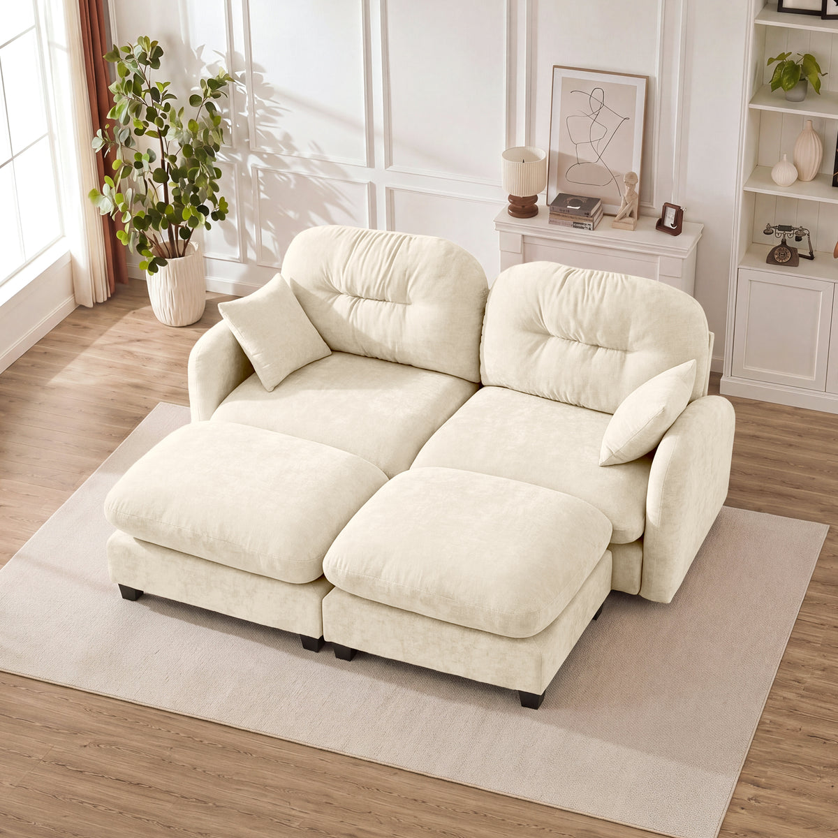 Beige Chenille Sectional Couch with 2 Ottomans