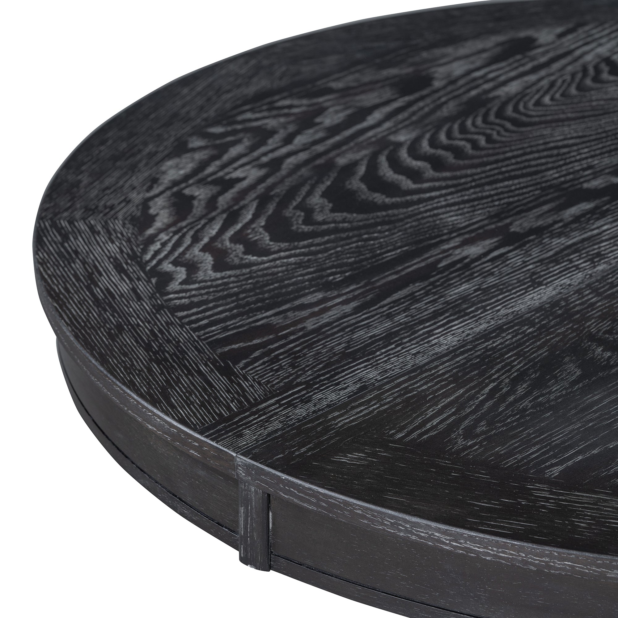 Close-up of the black oak tabletop edge and wire-brushed grain