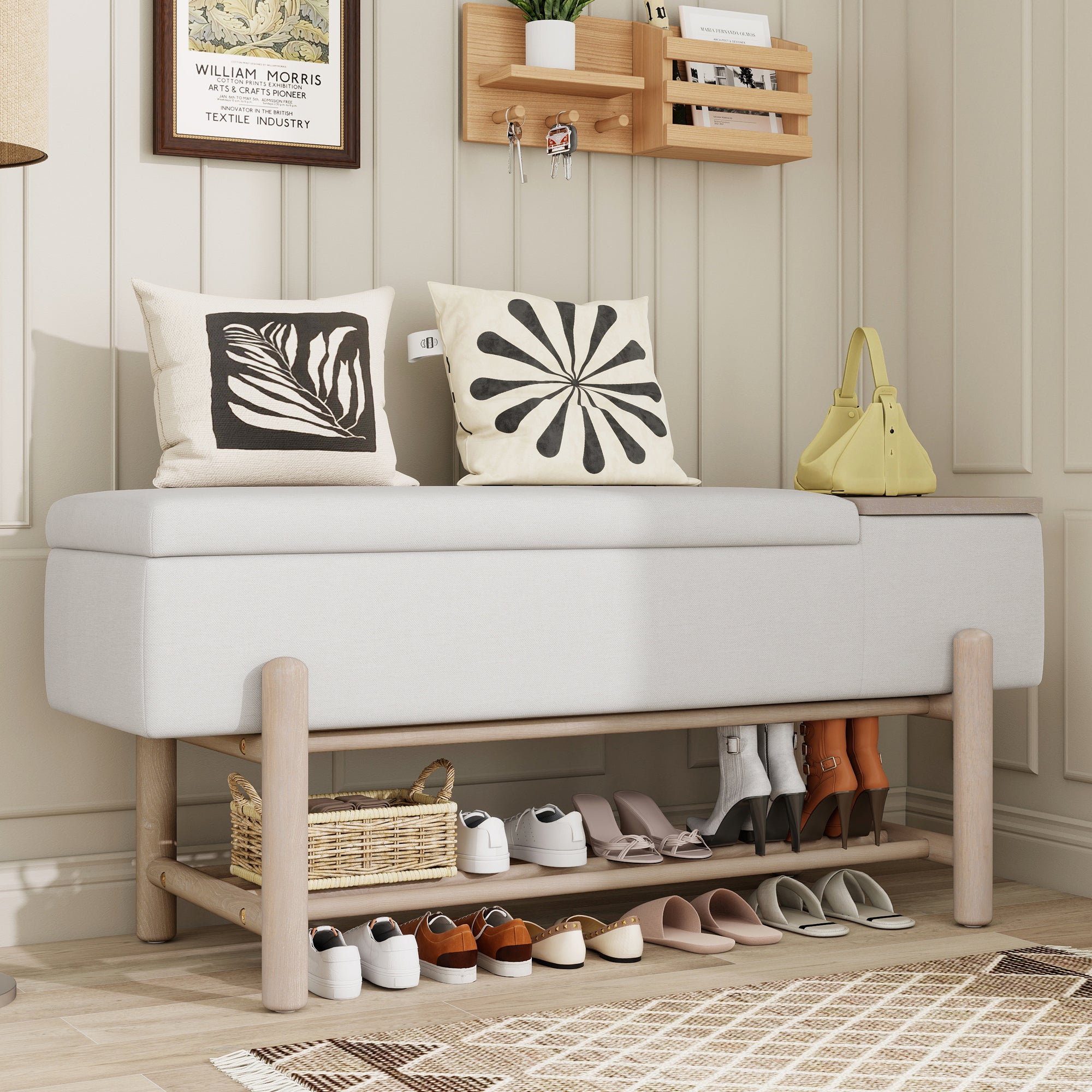 Farmhouse Storage Bench, Cream, Lift-Top with Shoe Shelf