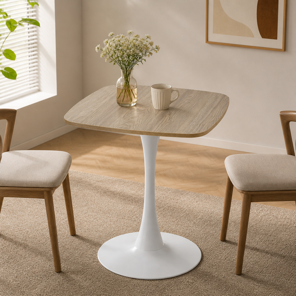 Faux oak square tulip bistro table on white pedestal in a sunlit nook between two wood chairs