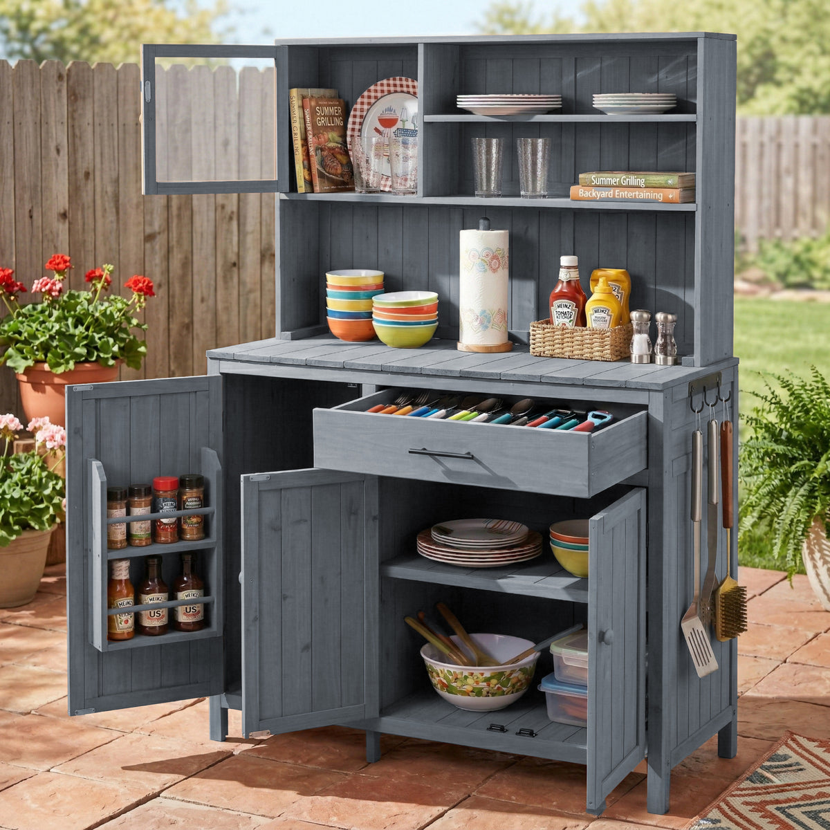 Gray Solid Wood Potting Bench, with Shelves