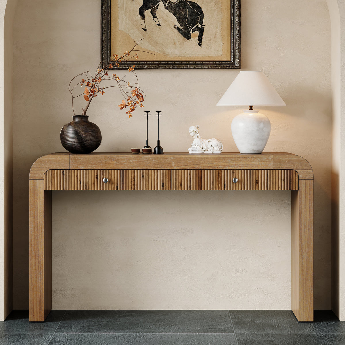 Natural Fluted Entryway Console Table with Storage, 54.3 in Wide