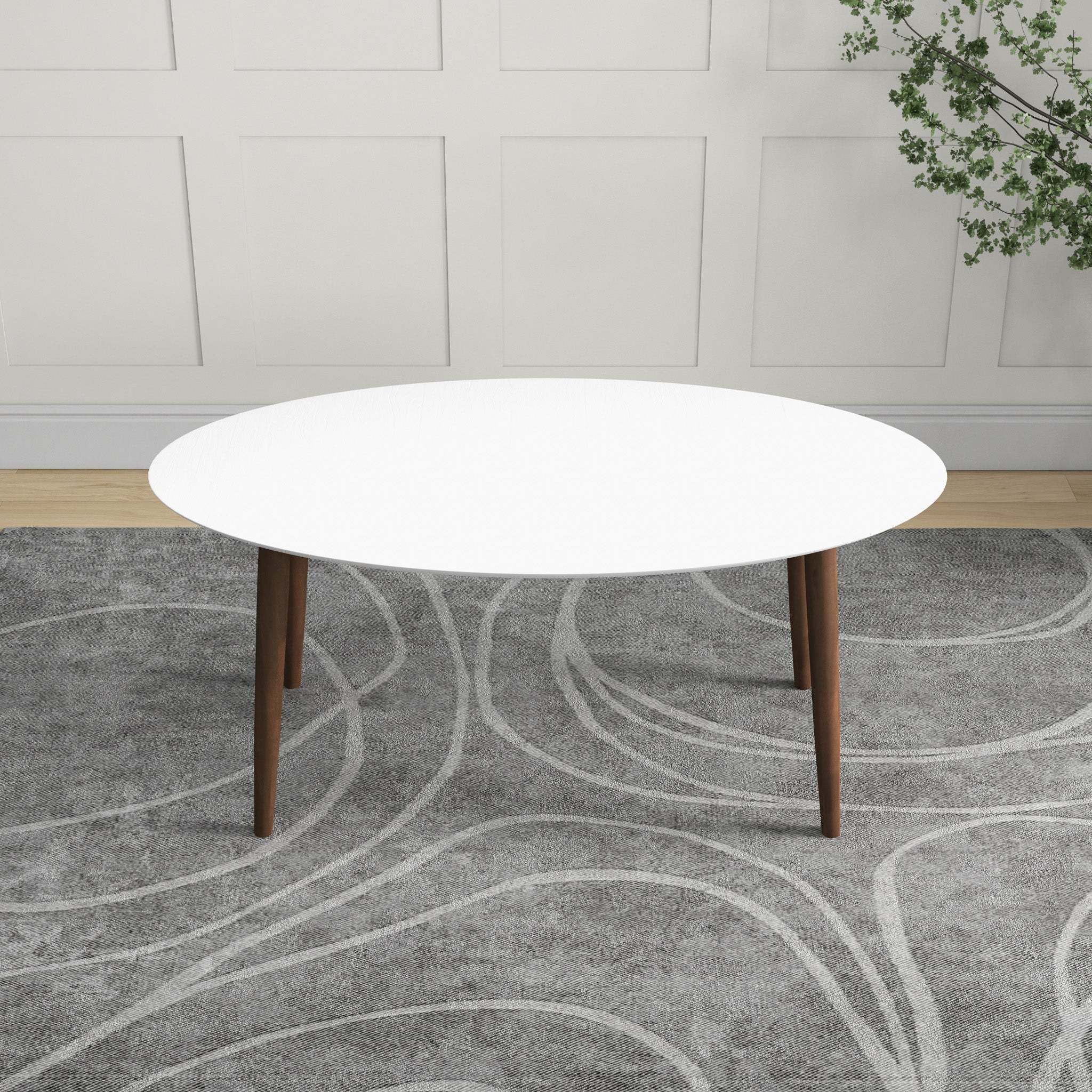 Overhead angled view of the white oval table in a paneled room with a plant