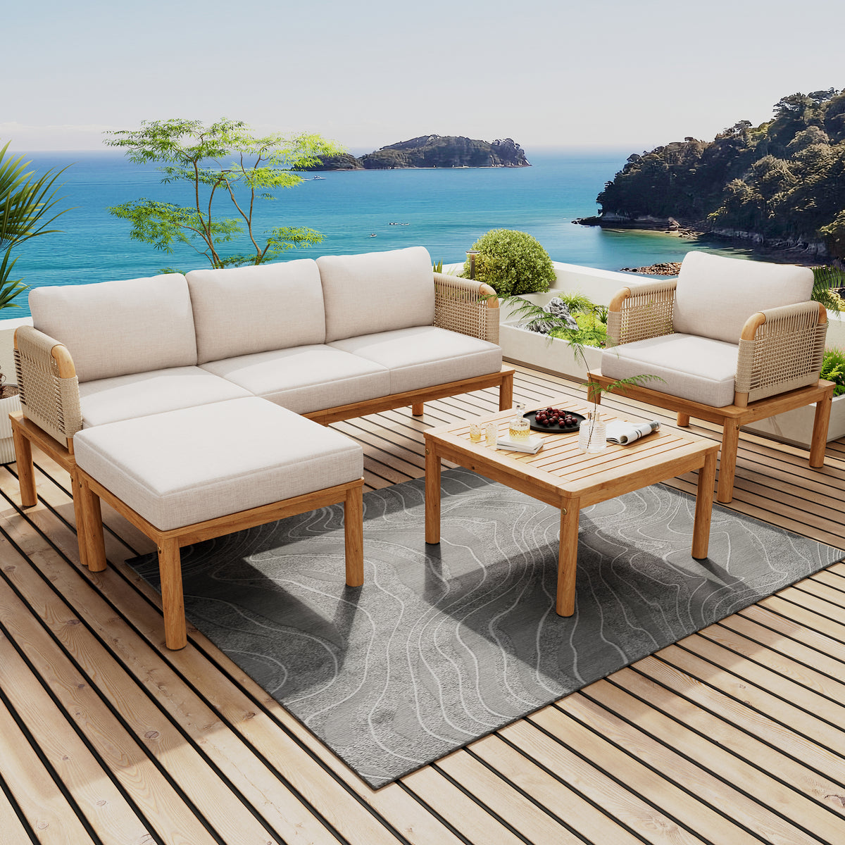 Teak Finish Solid Wood 4-Piece Outdoor Sofa Set, Rope Weave