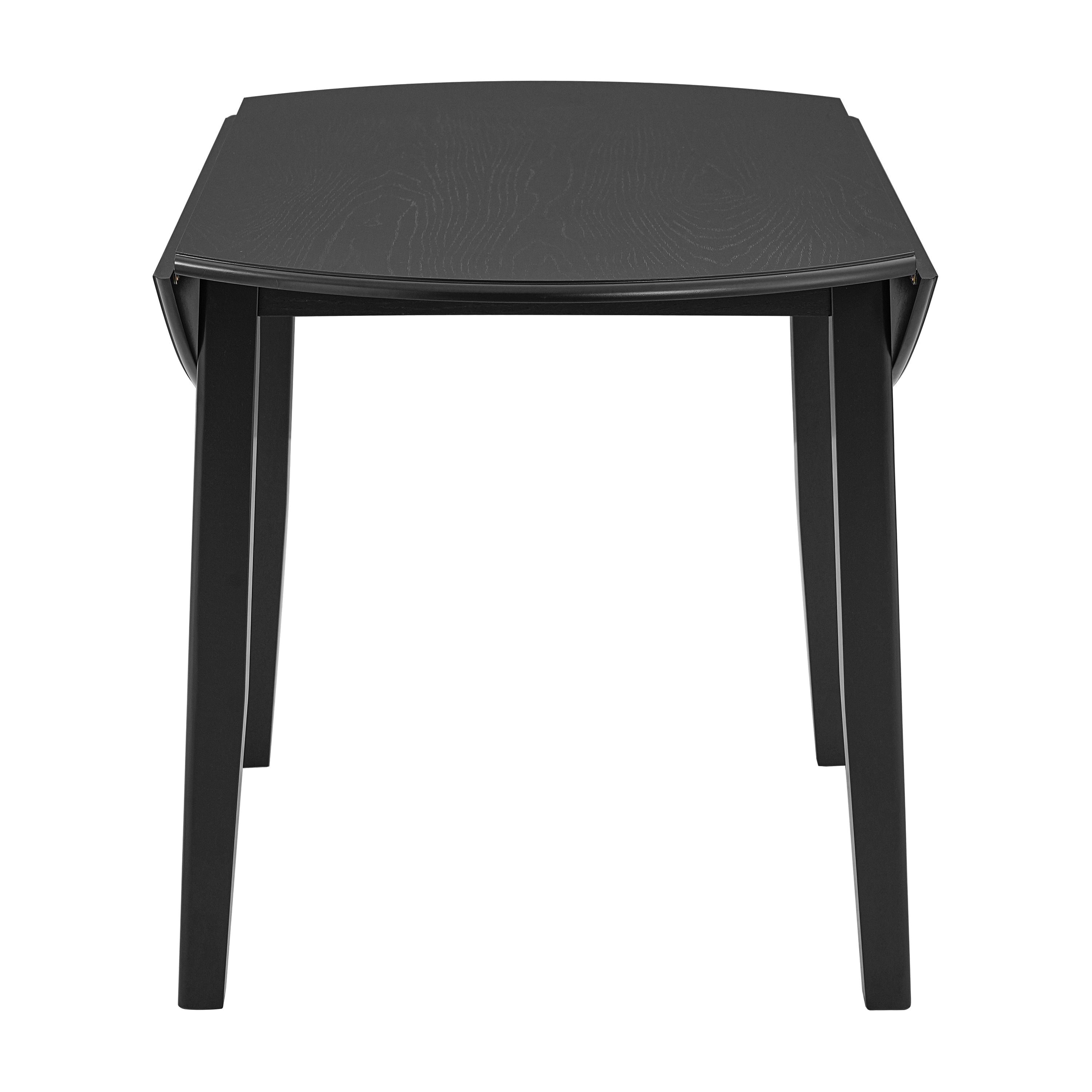 Three-quarter studio view of the black folding round table with a leaf folded