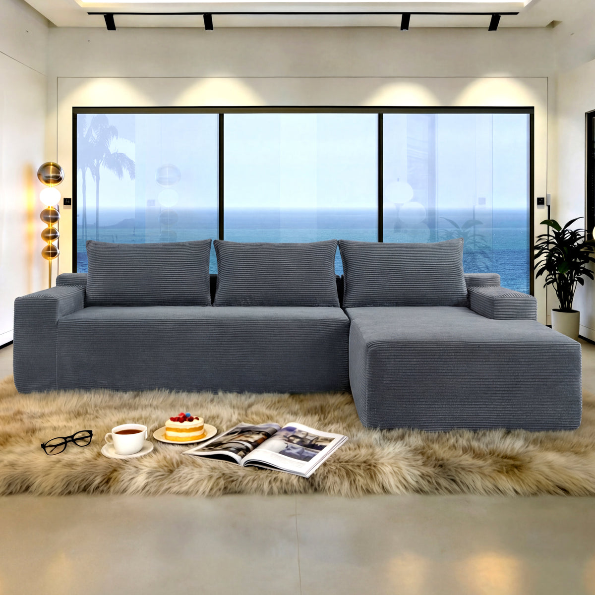 Blue Corduroy L-Shaped Modular Sectional, 96.7 in Wide