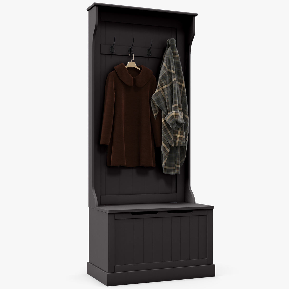 Black Hall Tree with Bench and Shoe Storage, 28.3 in Wide