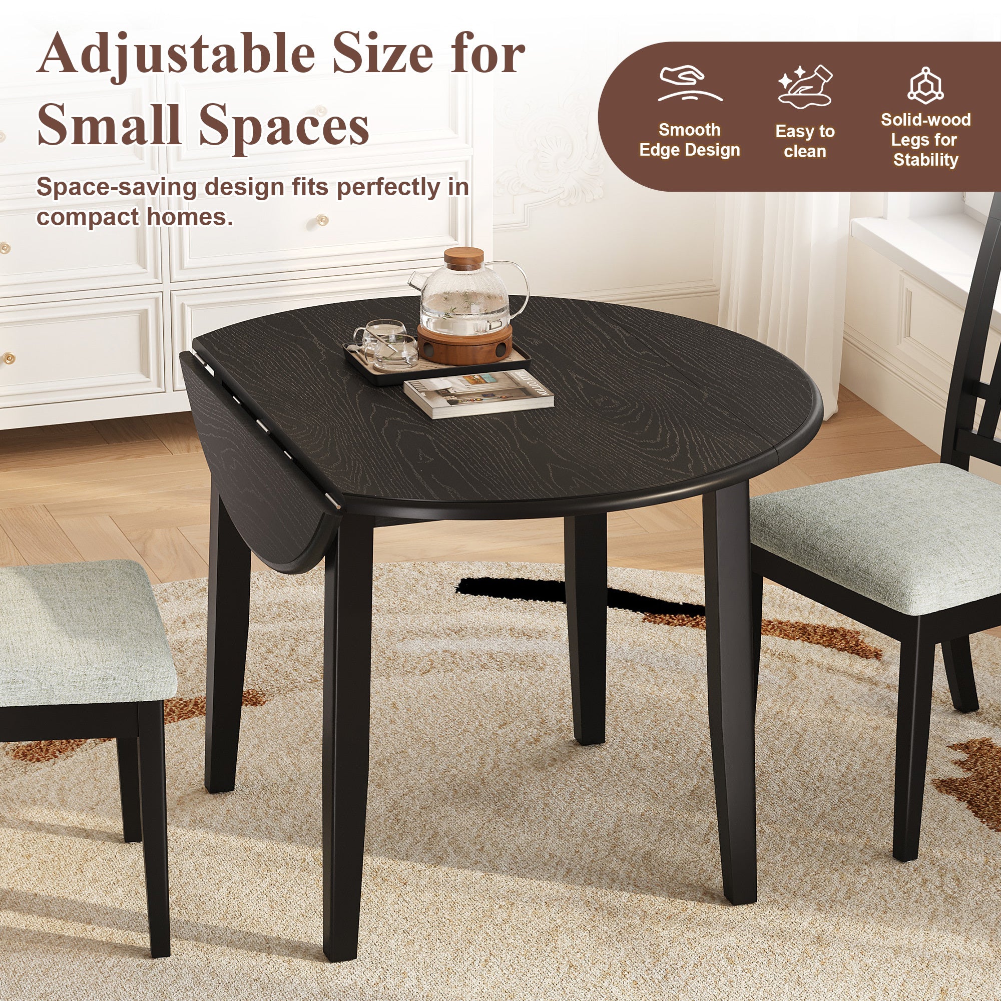Feature graphic on the adjustable size for small spaces with smooth edges and solid-wood legs