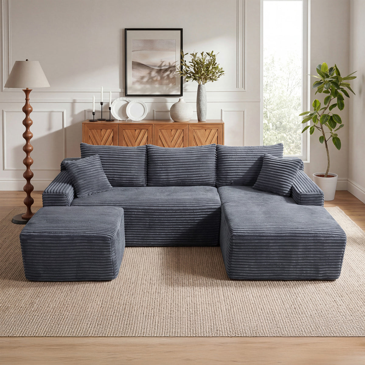 Gray Corduroy L-Shaped Modular Sectional with Ottoman, Right-Facing