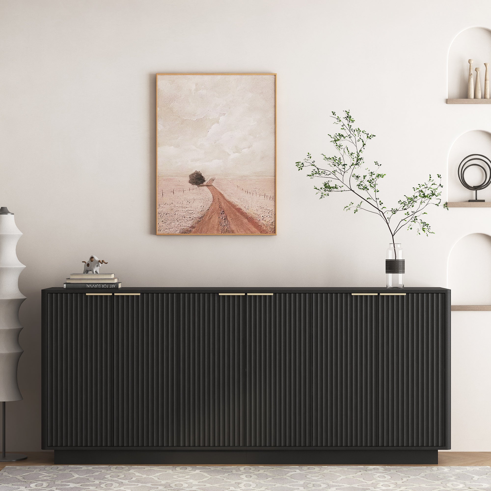 Fluted Sideboard Buffet 75 in, Black, 6 Doors, Adjustable Shelves