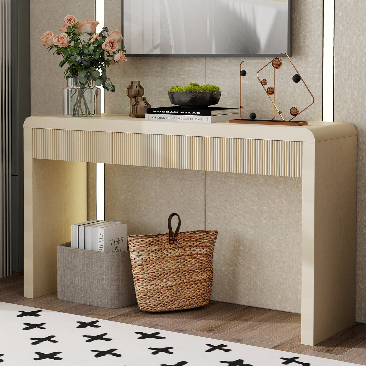 Orange Fluted Entryway Console Table with Storage, 55.1 in Wide
